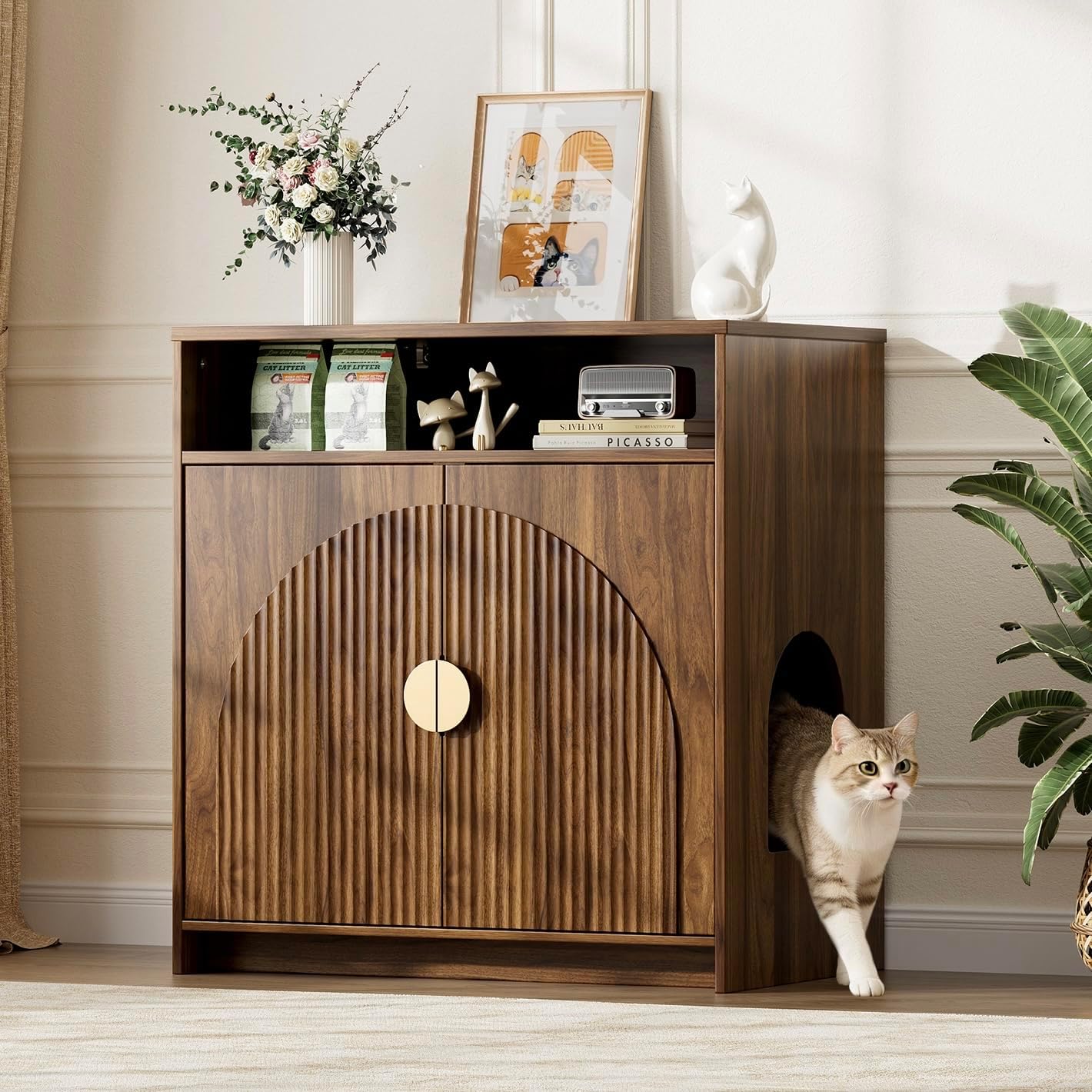 Cat Litter Box Enclosure, Cat Litter Box Furniture with Storage, Modern Fluted Arched Hidden Litter Box with Dual Entry, Waterproof Cat Box Enclosure, Side Table, Walnut