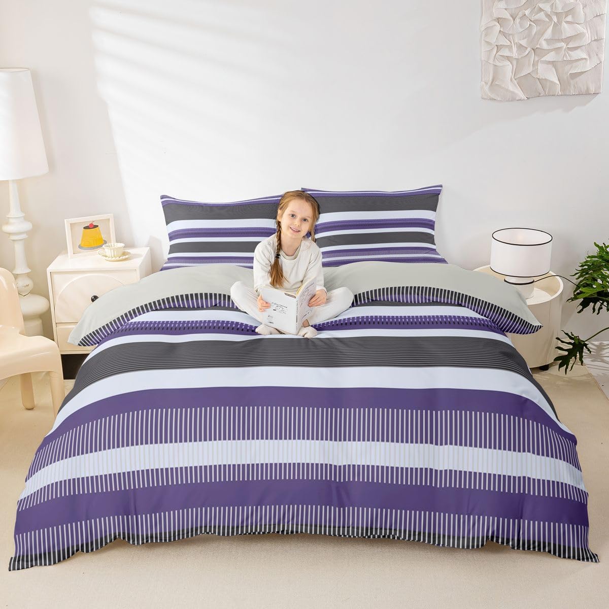 Erosebridal Stripes Bedding Set Full Size, Purple Black Patchwork Striped Duvet Cover Ombre Geometric Lines Quilt Cover Modern Abstract Art Vibrant Comforter Cover 3 Pieces with 2 Pillow Cases