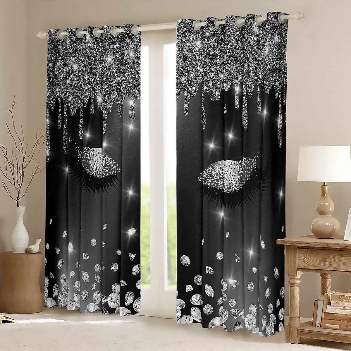 Homemissing Tende con brillantini per ciglia, per camera da letto, soggiorno, moderne, semplici, belle, decorazioni nere lucide, oscuranti (30%-50%)