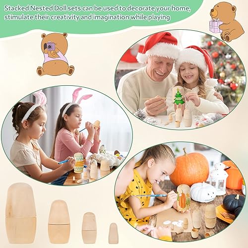 Miniatura 6 de Hungdao 3 juegos de muñecas de anidación sin pintar muñeca rusa de madera en blanco muñecas de anidación Matryoshka DIY sin terminar para pintar