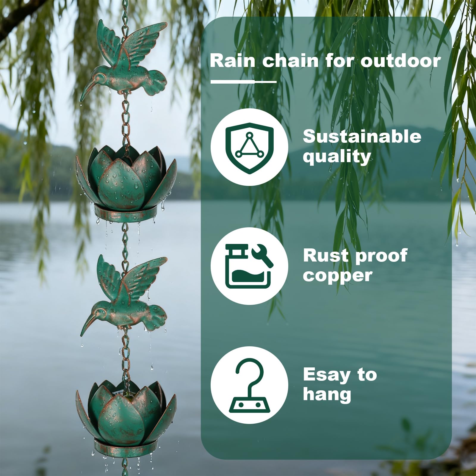 BigKing Chaîne pour eau de pluie Colibri Lotus pour gouttières, 2,4 m Chaîne de pluie suspendue avec crochet, chaîne de pluie pour gouttières extérieures, Eaves Drainage (vert émeraude)