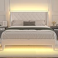 HOMEPAGE Beige Full Size Velvet Platform Bed Frame with RGB LED Lights, Wingback Headboard, Footboard, No Box Spring Needed