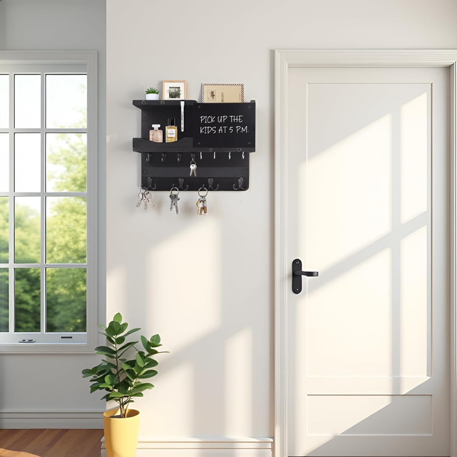 Key Holder for Wall Mount with Shelf and Mail Organizer, Key and Mail Holder with 16 Hooks, Farmhouse Entryway Organizer, Home Decor Rack (Pine Wood, Black)