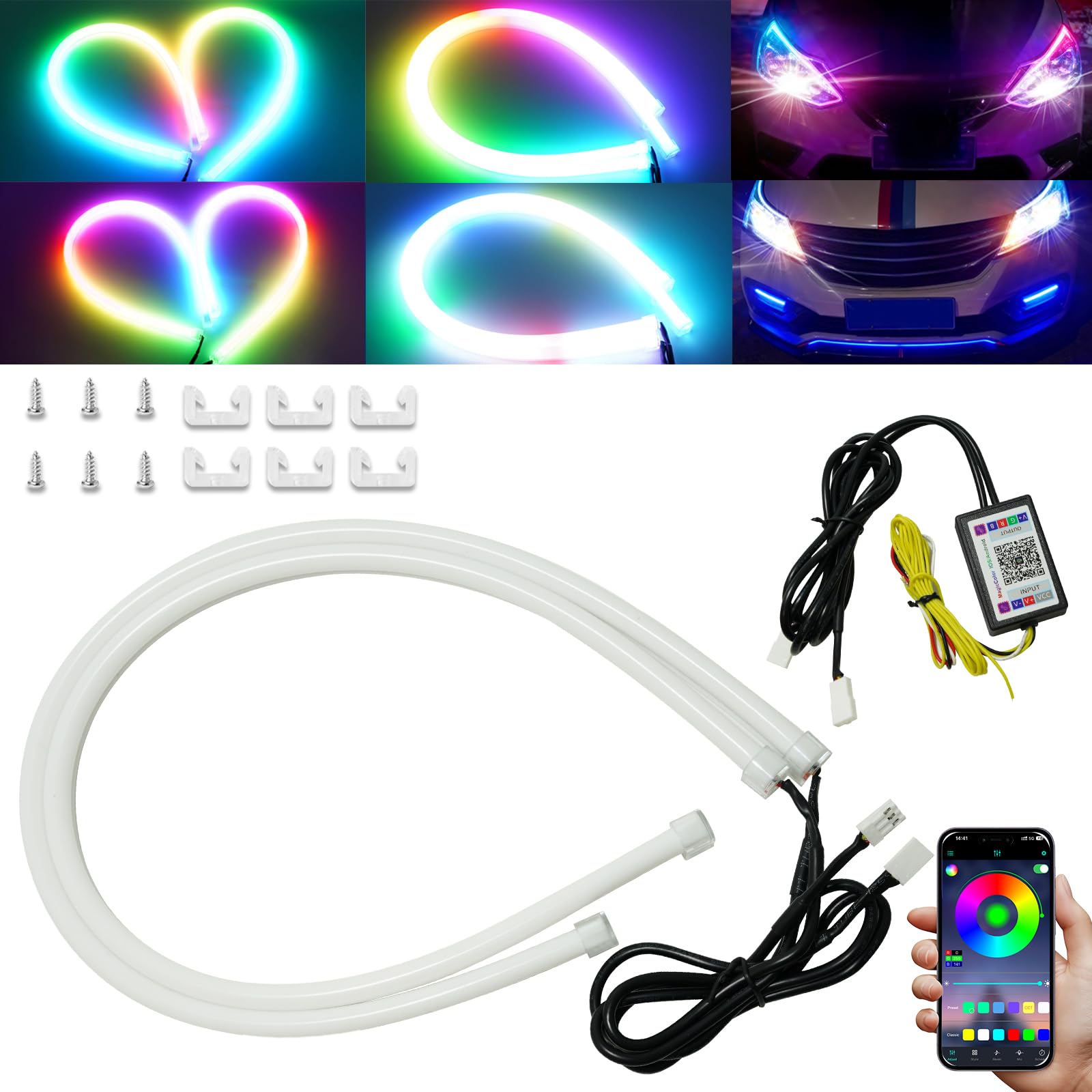 Qasim Sequential LED Strips APP Bluetooth Control RGB Multi Color Headlight 24Inch LED Daytime Running Lights Flexible DRL Tube Strip 12V 2-Pack