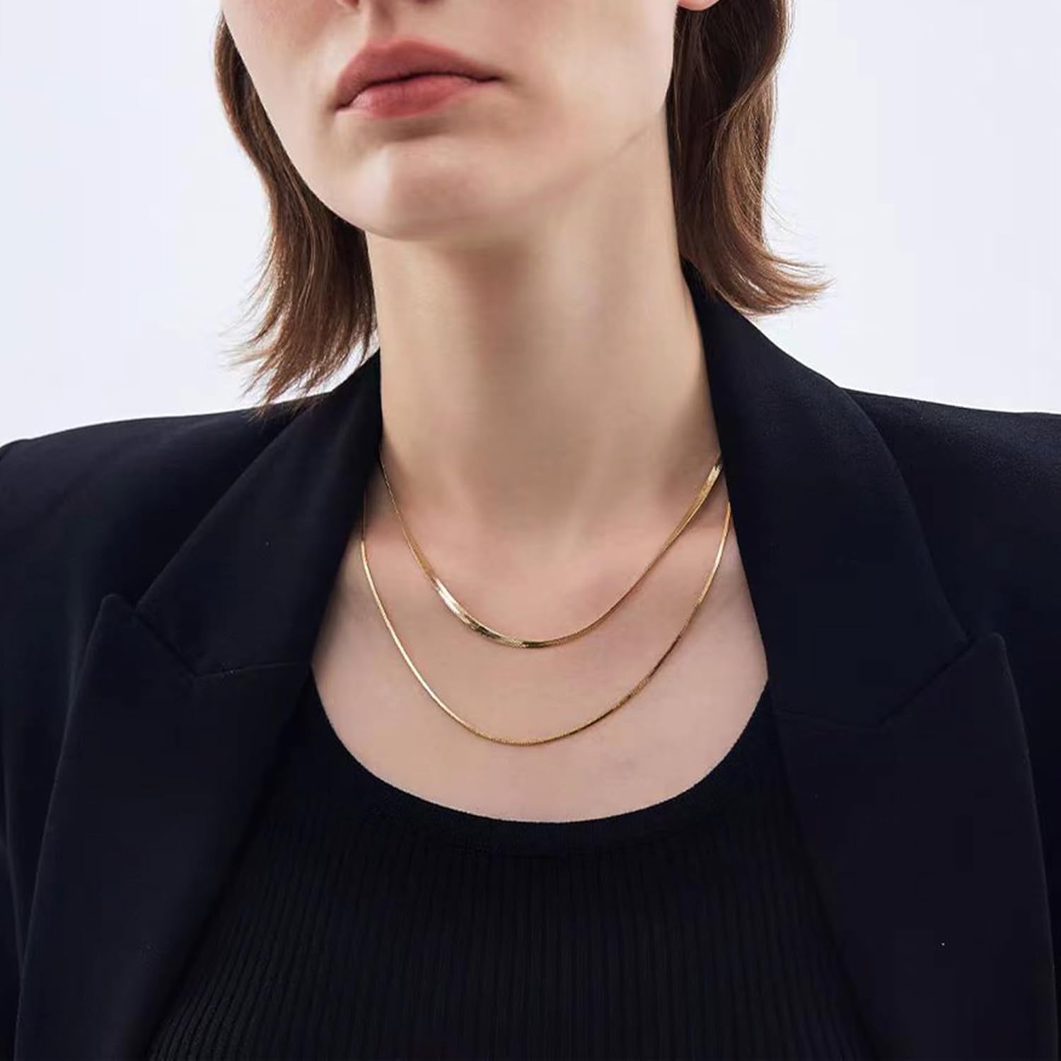 BG&WLing Double Layered Gold Herringbone Necklaces for Women 18K Gold Plated Stainless Steel Snake Chain Necklace Non Tarnish Dainty Jewelry Gift - Image 2