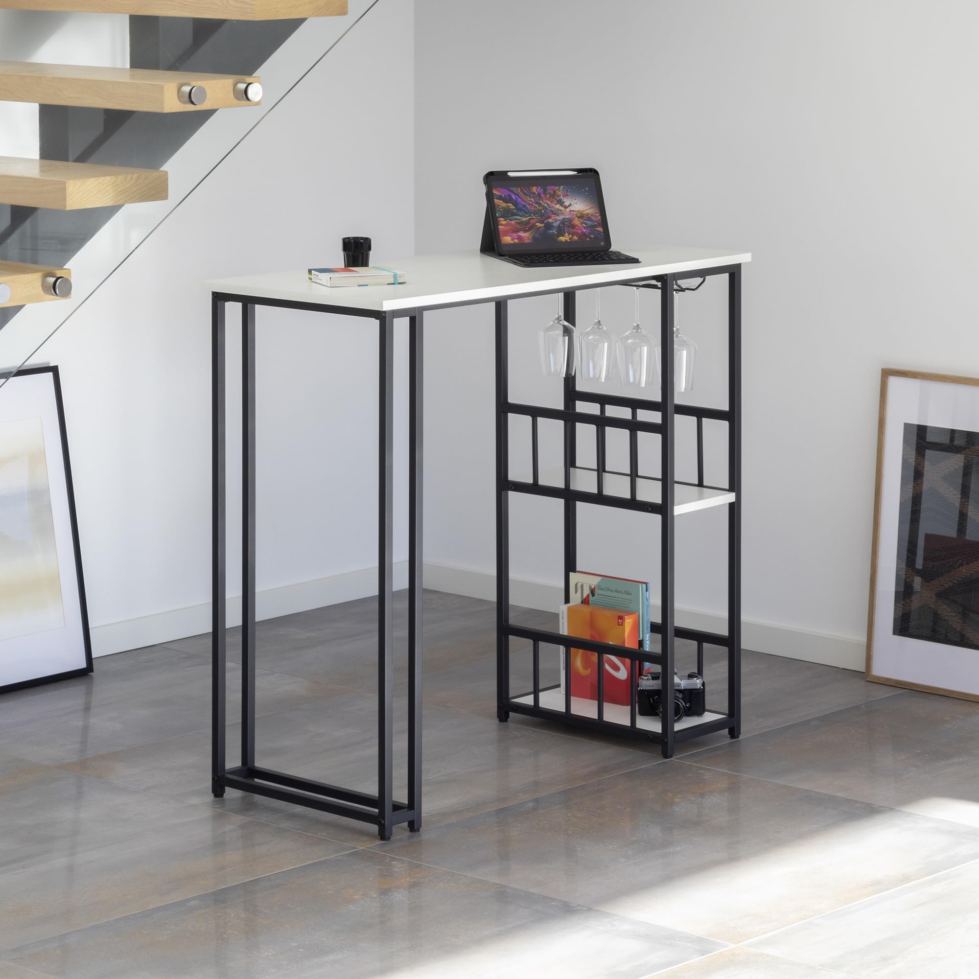 i-flair Bartisch Gavin 110x50x105 cm, Stehtisch 2 cm Dicke hitzebeständige, Kratzfeste & Pflegeleichte Tischplatte, 2 Ablagen, Glashalter, Stahlrahmen, einfacher Aufbau, Industriestil (Weiß)