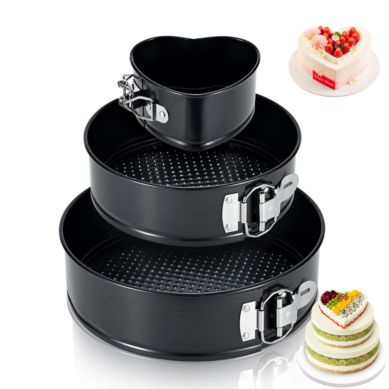 3 Pcs Bandeja antiadherente para tarta de queso 10cm+18cm+23cm, Bandeja redonda para tartas a prueba de fugas con fondo extraíble, moldes para tartas de cumpleaños de liberación rápida