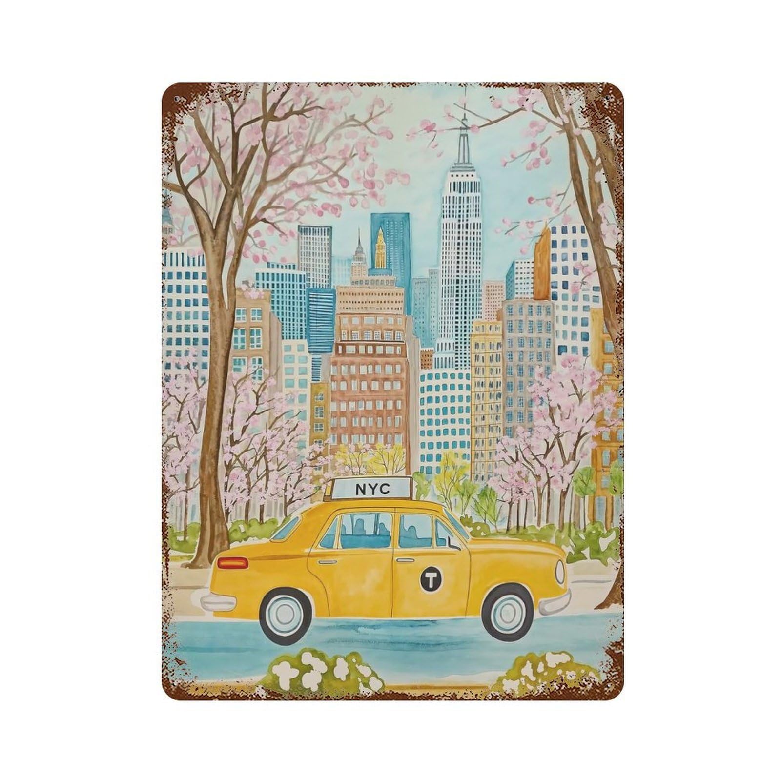 NYC New York Taxi Watercolor Rustic Tin Plaque 15.7"x11.8", Novelty Wall Decor for Garage, Pub Or Kitchen