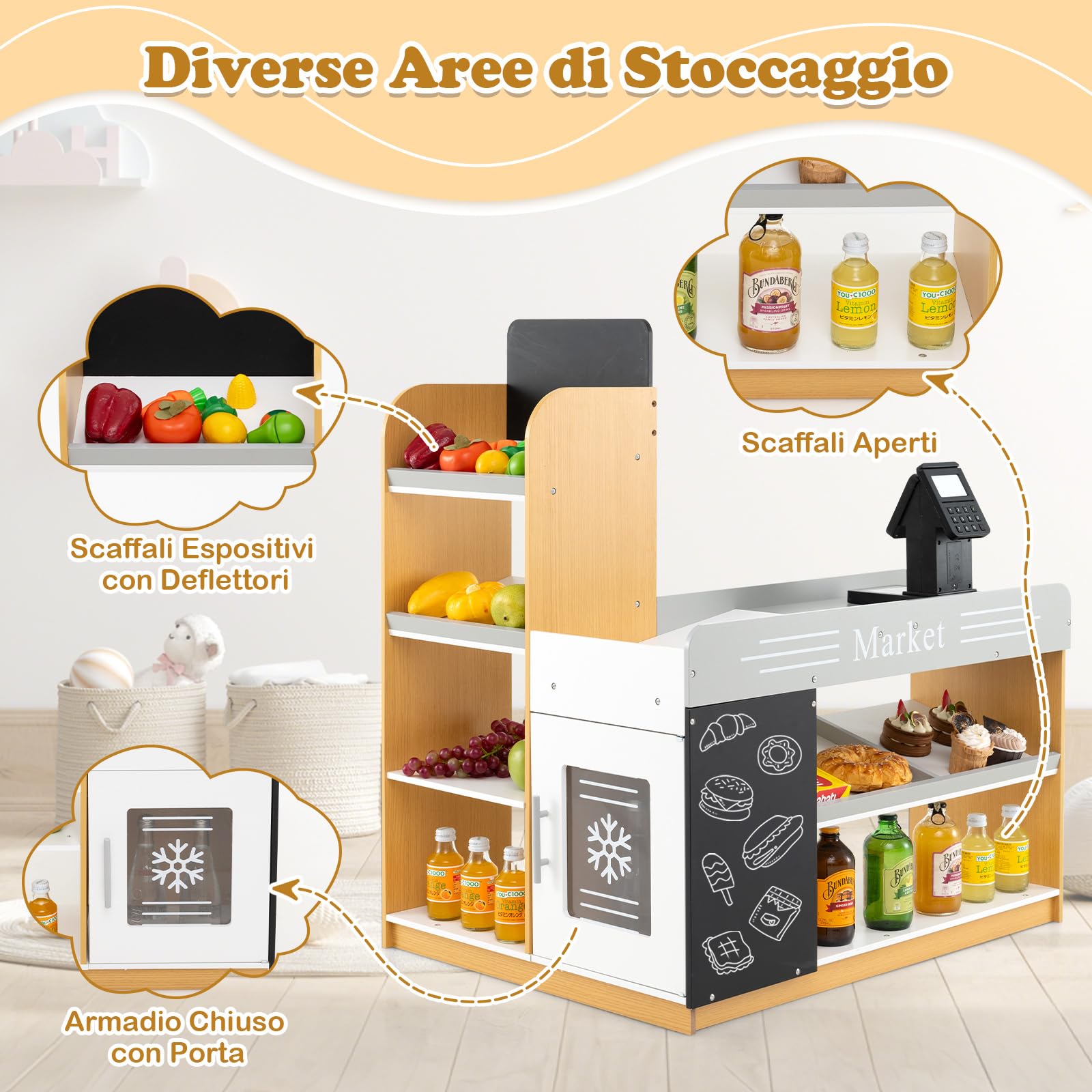RELAX4LIFE Negozio di Alimentari con Carrello della Spesa,Cassa, 2 Lavagnette, ,Registratore di Cassa,Scanner,Calcolatrice, Salvadanaio,Scaffali