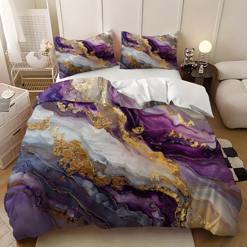 Housse de couette 90x190 cm violette marbre or douce et hypoallergénique