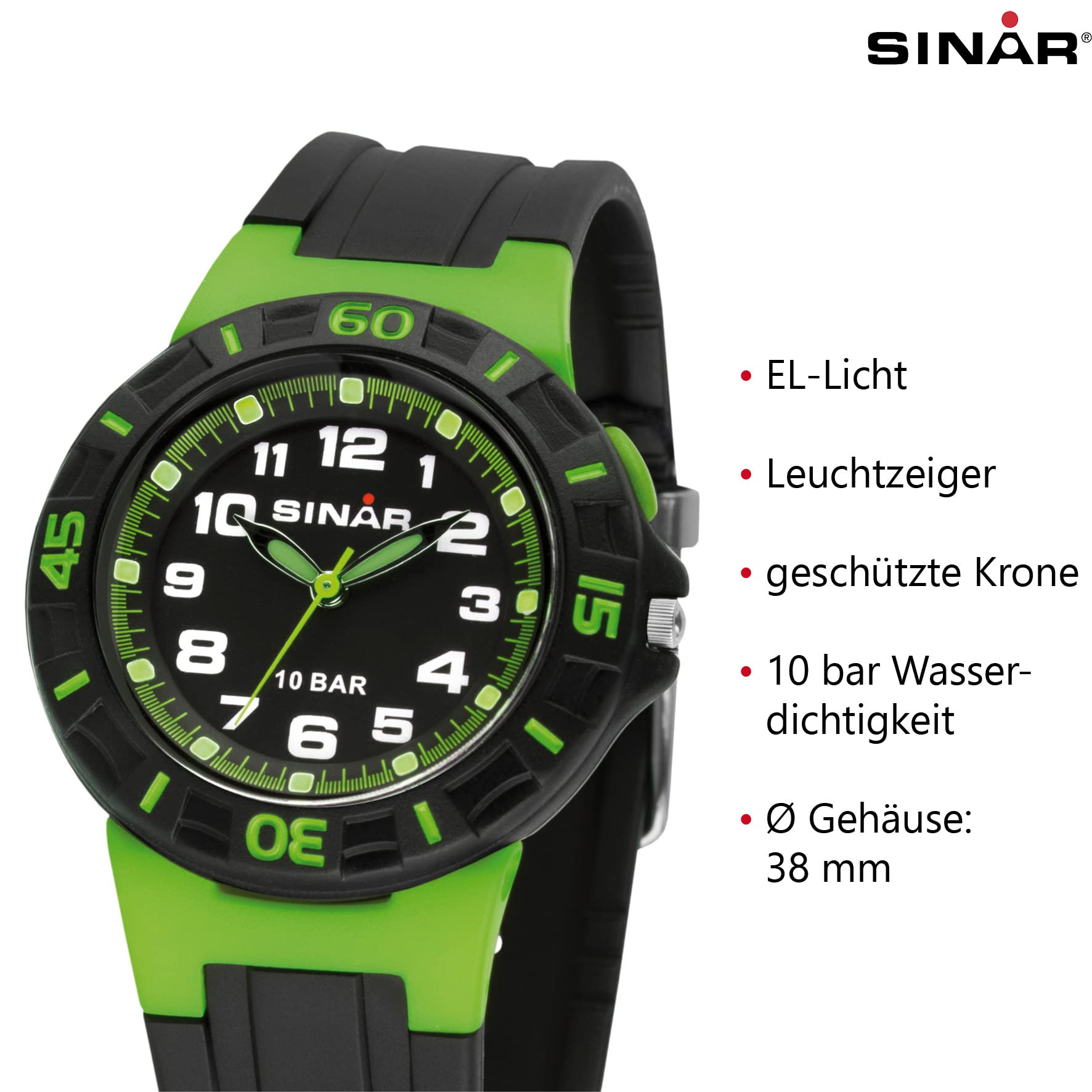 Sinar Montre de 20–3 XB Unisexe Caoutchouc Plastique 10bar Analogique lumière Vert