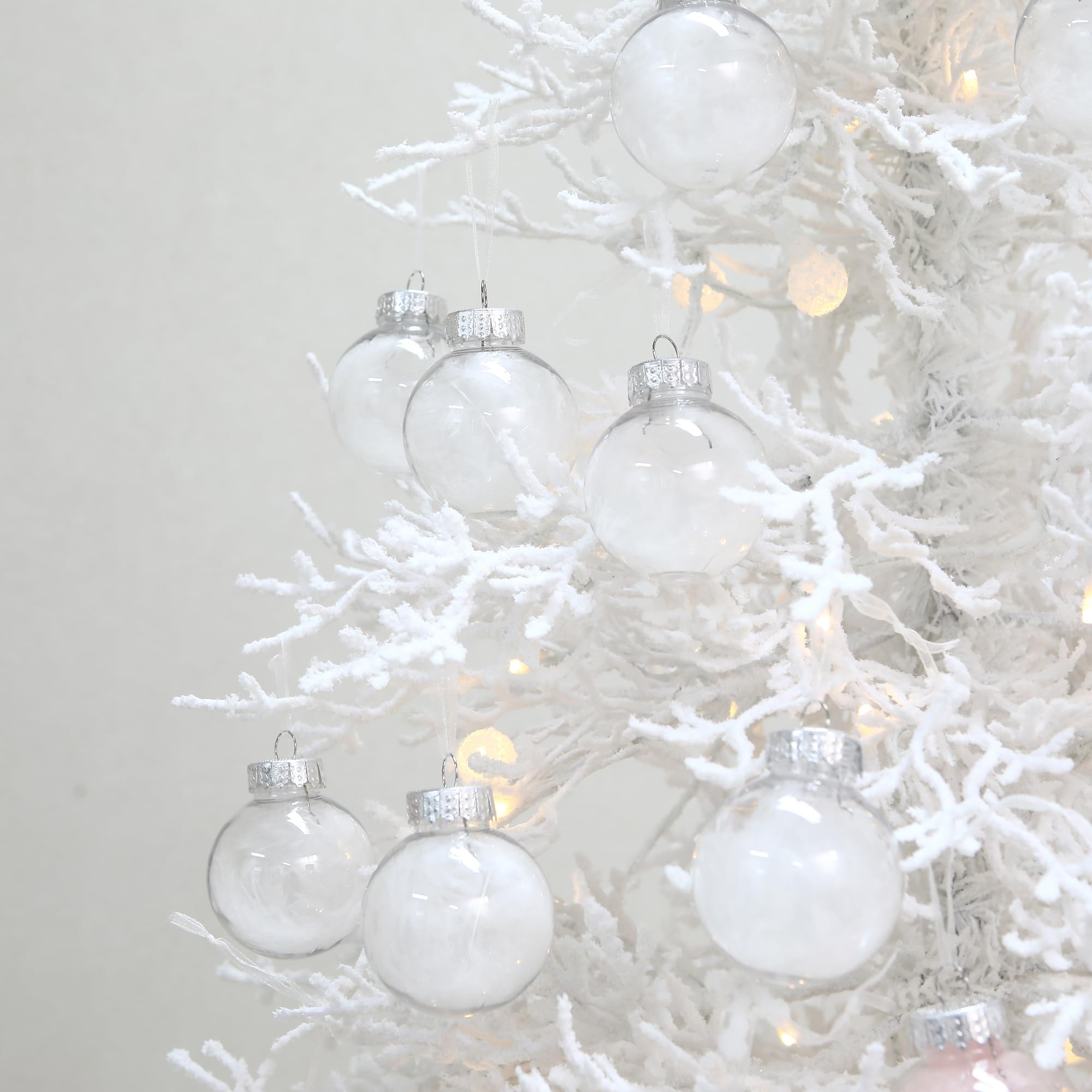 Sea Team Lot de 25 boules de Noël transparentes remplies de plumes, boules décoratives à suspendre avec plumes, décorations en plastique incassable pour sapin de Noël, couronne, guirlande, 60 mm/2,36