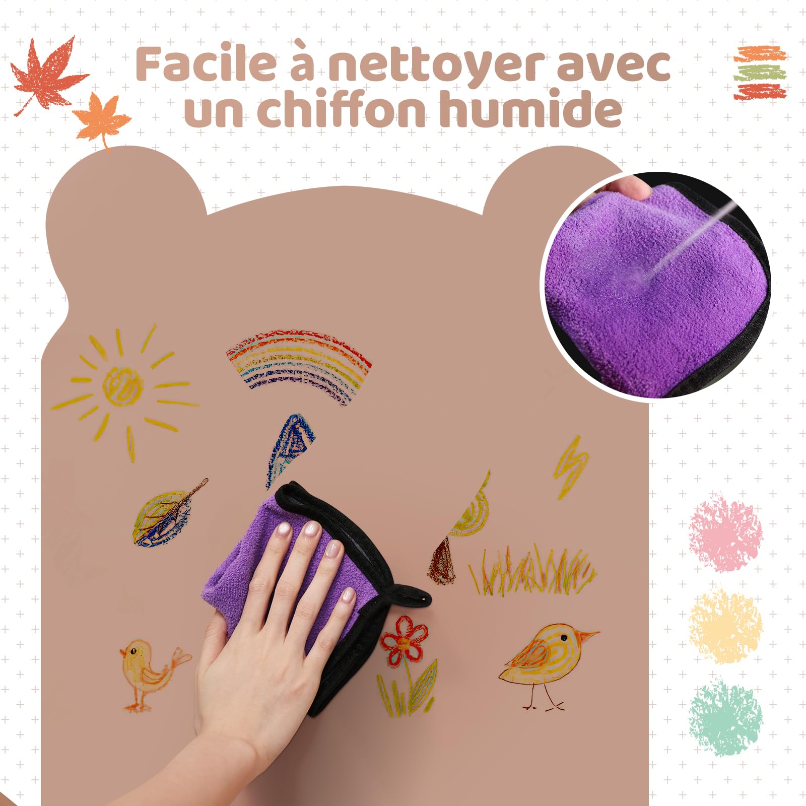 Tableau magnétique - 120 x 60 cm - Motif petit ours - 12 stylos à craie, 1 chiffon de nettoyage, 6 supports à craie, 1 boîte de rangement, 1 ruban adhésif, tableau à dessin magnétique (marron)