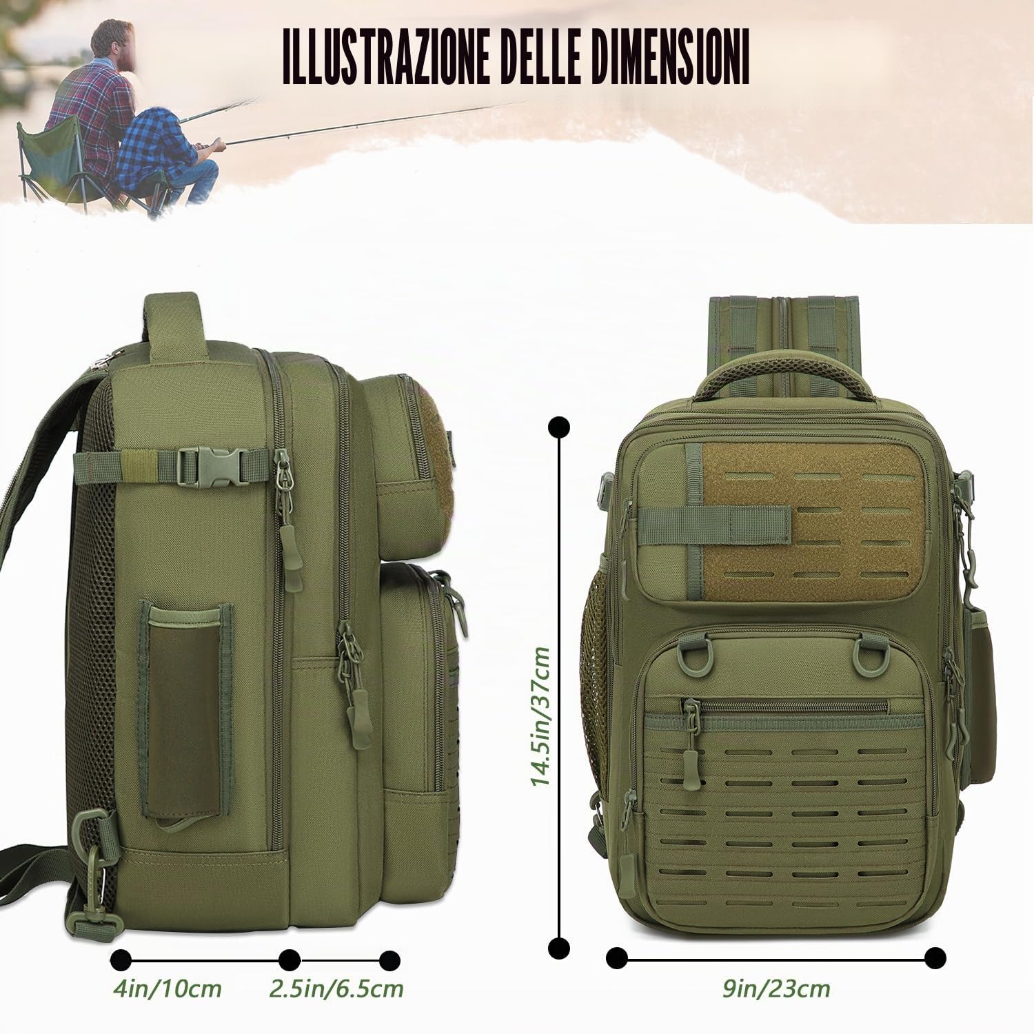 Zaino da pesca 2 in 1 con supporto per canna da pesca, 25 l, tattico, borsa a tracolla militare, per pesca, escursionismo