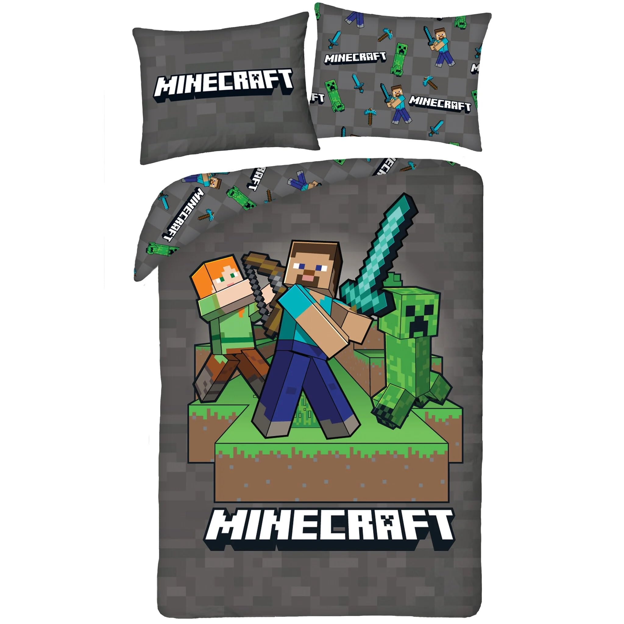 Minecraft - Juego de Cama Steve Alex Creeper – Funda nórdica Reversible de 140 x 200 cm + una Funda de Almohada de 70 x 90 cm – 100% poliéster – Multicolor