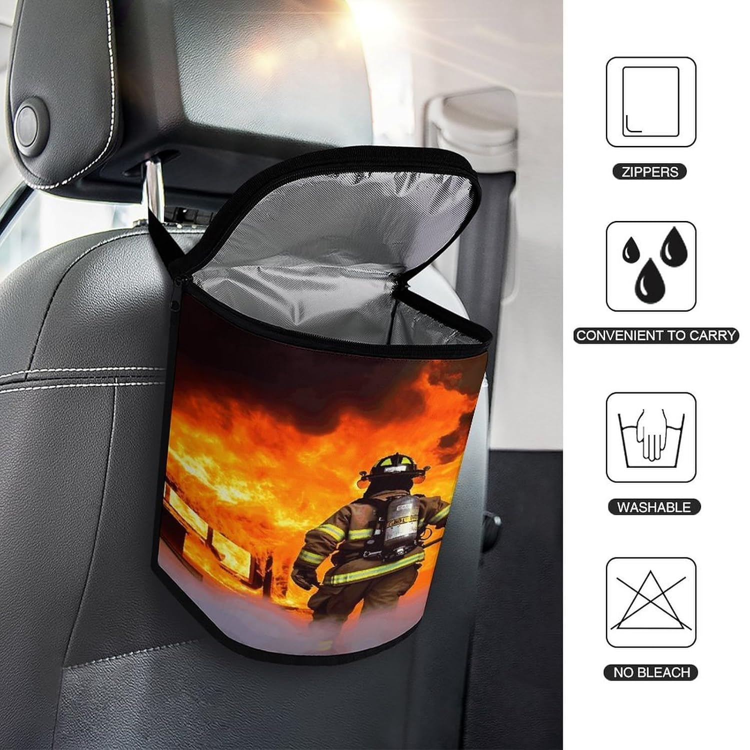 Firefighter Fireman Flame Car Trash Can with Lid & Zipper Hanging Garbage Bin Waterproof Leakproof Car Garbage Can Portable Automotive Waste Basket Bin Reusable Car Garbage Bag for All Vehicle