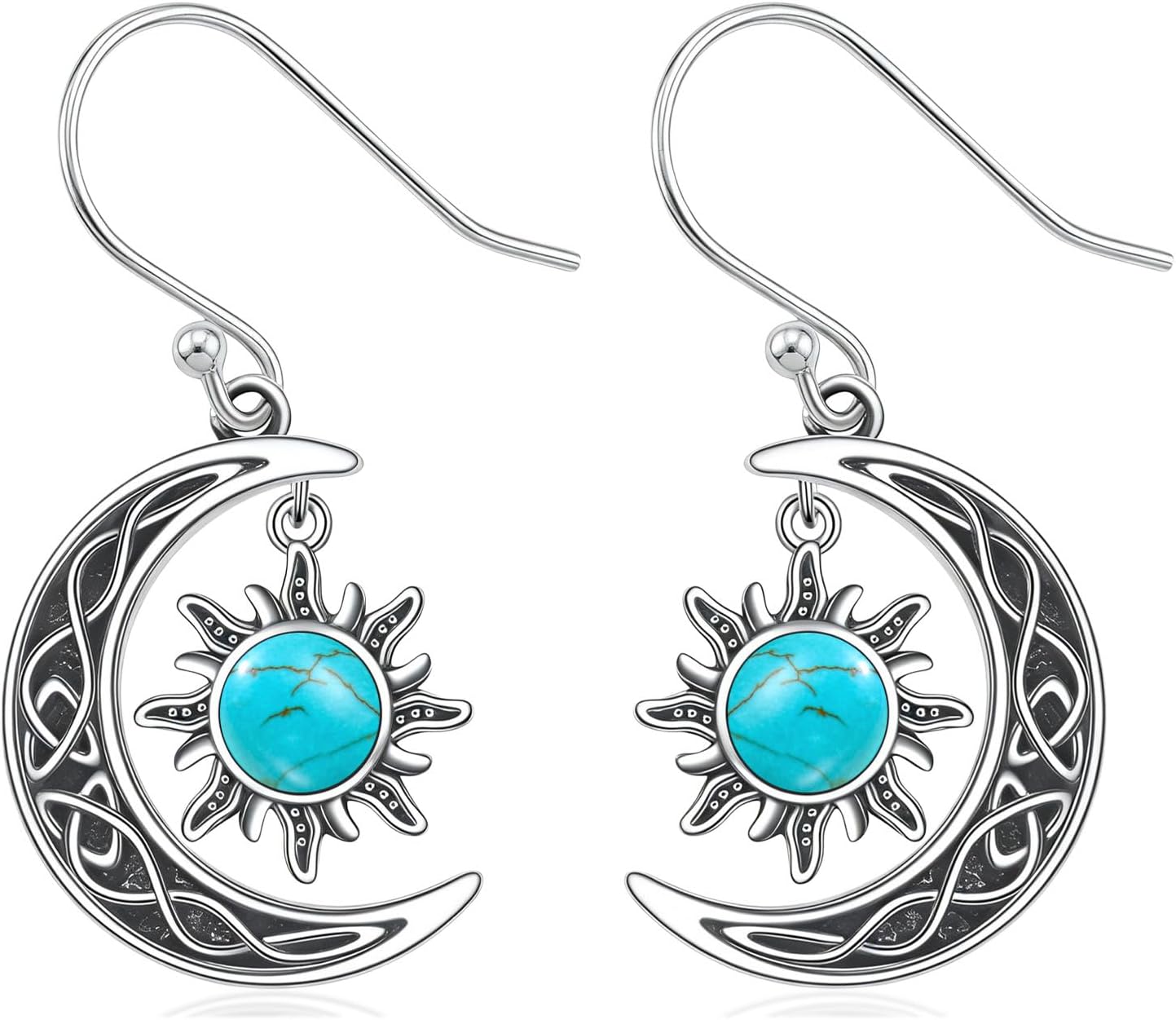 Genuine Turquoise Dangle Earrings for Women, 925 Sterling Silver Celtic Moon and Sun Earrings, Boho Jewelry Gift for Her