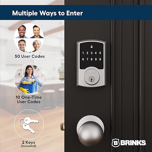 Miniatura 5 de Brinks Cerradura electrónica de puerta con panel táctil sin llave, níquel satinado, cerrojo retroiluminado con teclado con seguridad avanzada,