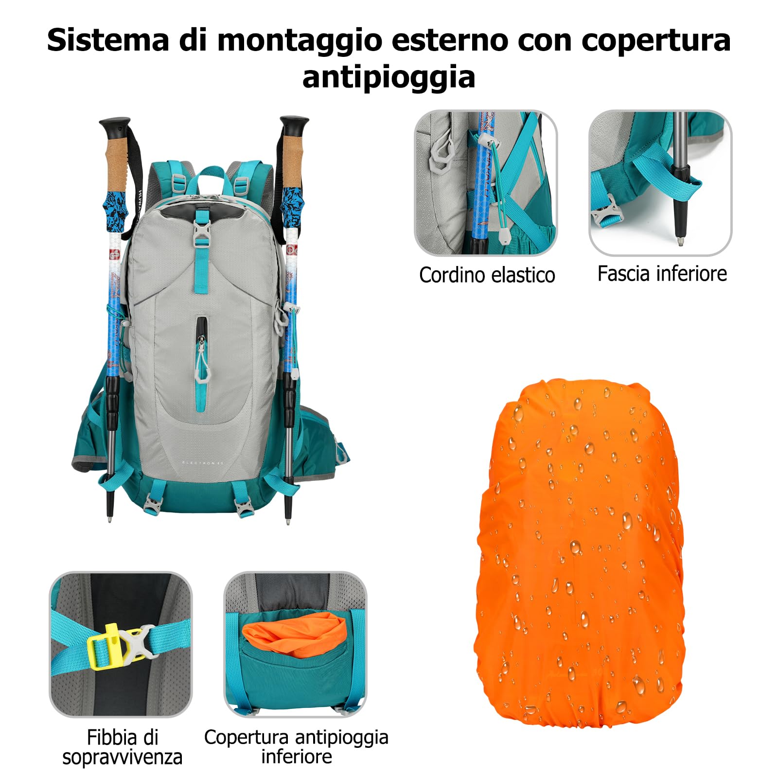 Zaino da Escursionismo 40L Zaino Outdoor con Copertura Antipioggia Grande Traspirante Backpack per Campeggio Viaggi Lago Blu