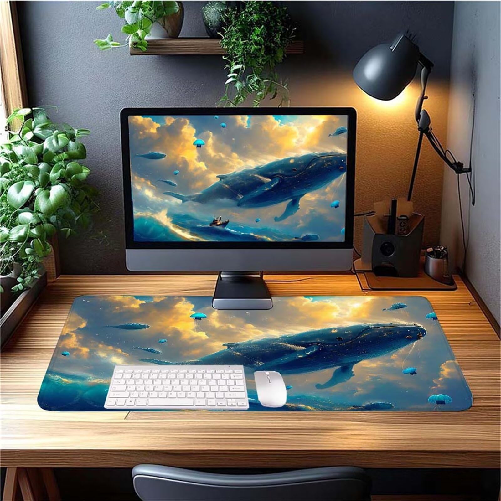Alfombrilla Ratón Cielo Ballena Alfombrilla Ratón XXL 1400x600x3mm Mouse Pad Resiste Salpicaduras, Extendida de Gran Tamaño con Bordes Cosidos, Mejora la Precisión y la Velocidad, Antideslizante y-449