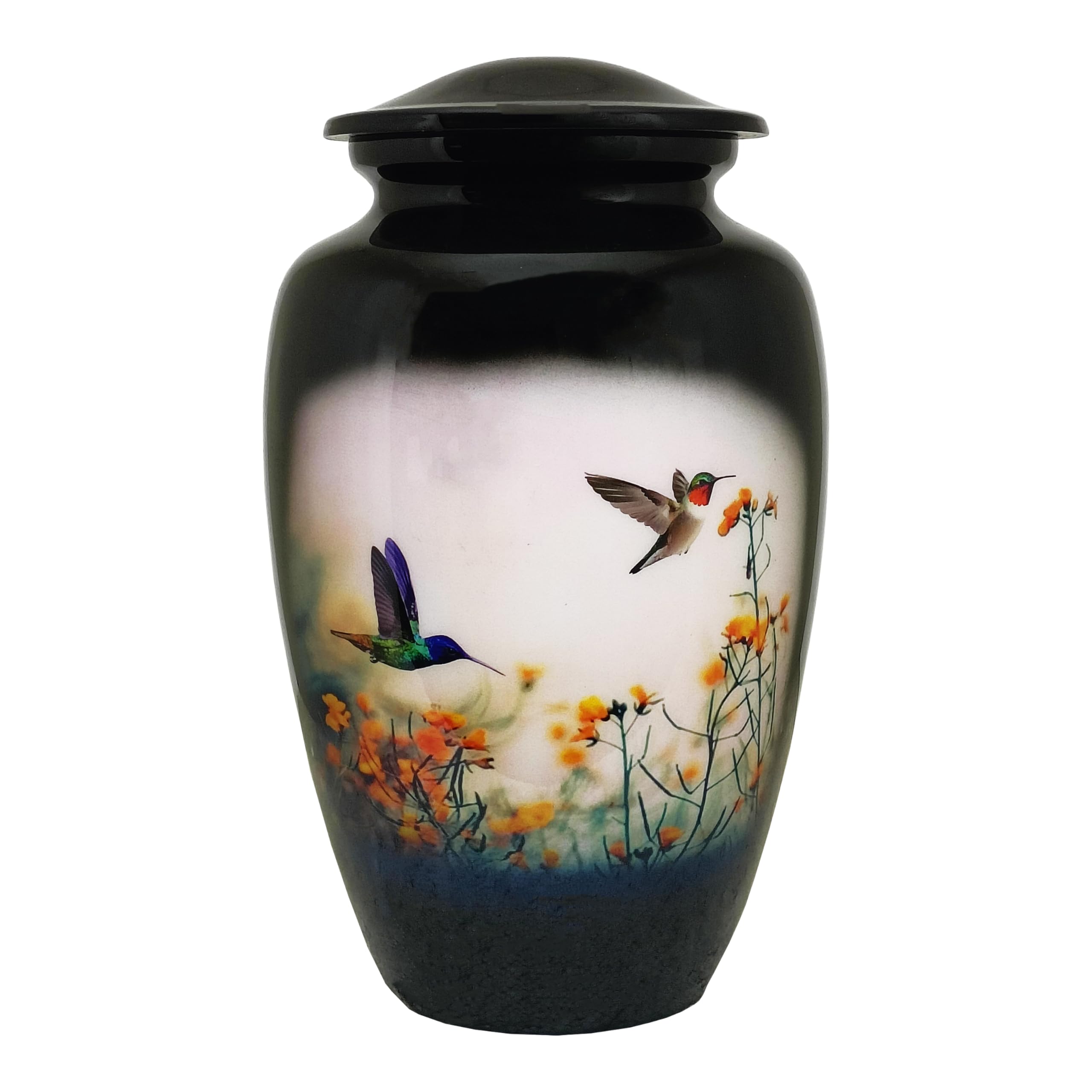 Ample Cremation Urns | Handcrafted Memorial Urn with Secure Lid - Funeral Decorative Burial | Accents Holder for Human Ashes | 220 lbs Capacity | Black Hummingbird Design Urn - 11x7x7 Inches