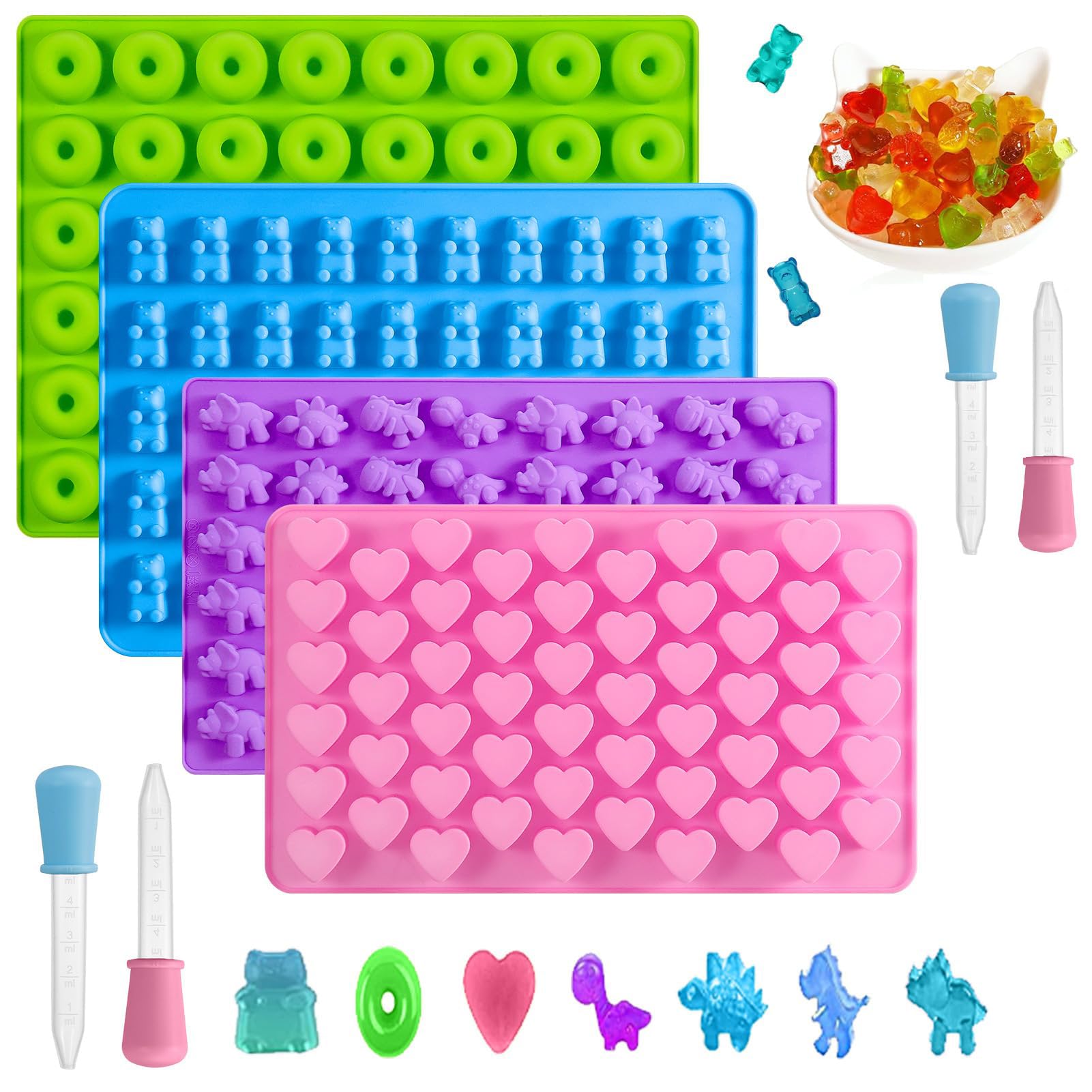 KOWVOWZ 4 PCS Gummy Bear Candy Molds, Silicone Candy Molds, Chocolate Mould With 4 Droppers Jelly Molds Includes dinosaurs hearts Bear Shape and Mini Donut for Baking