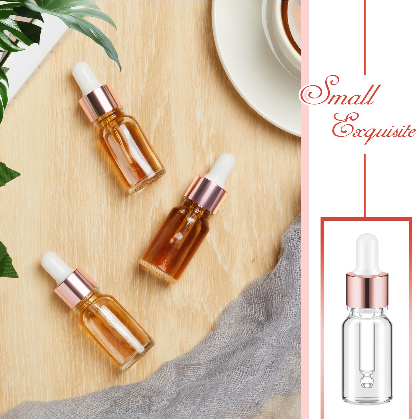 Didaey Mini botella cuentagotas de aceite de vidrio a granel, botellas pequeñas vacías transparentes esenciales para muestras, frascos de líquido de perfume con tapa para viajar, Oro rosa, 10 ml