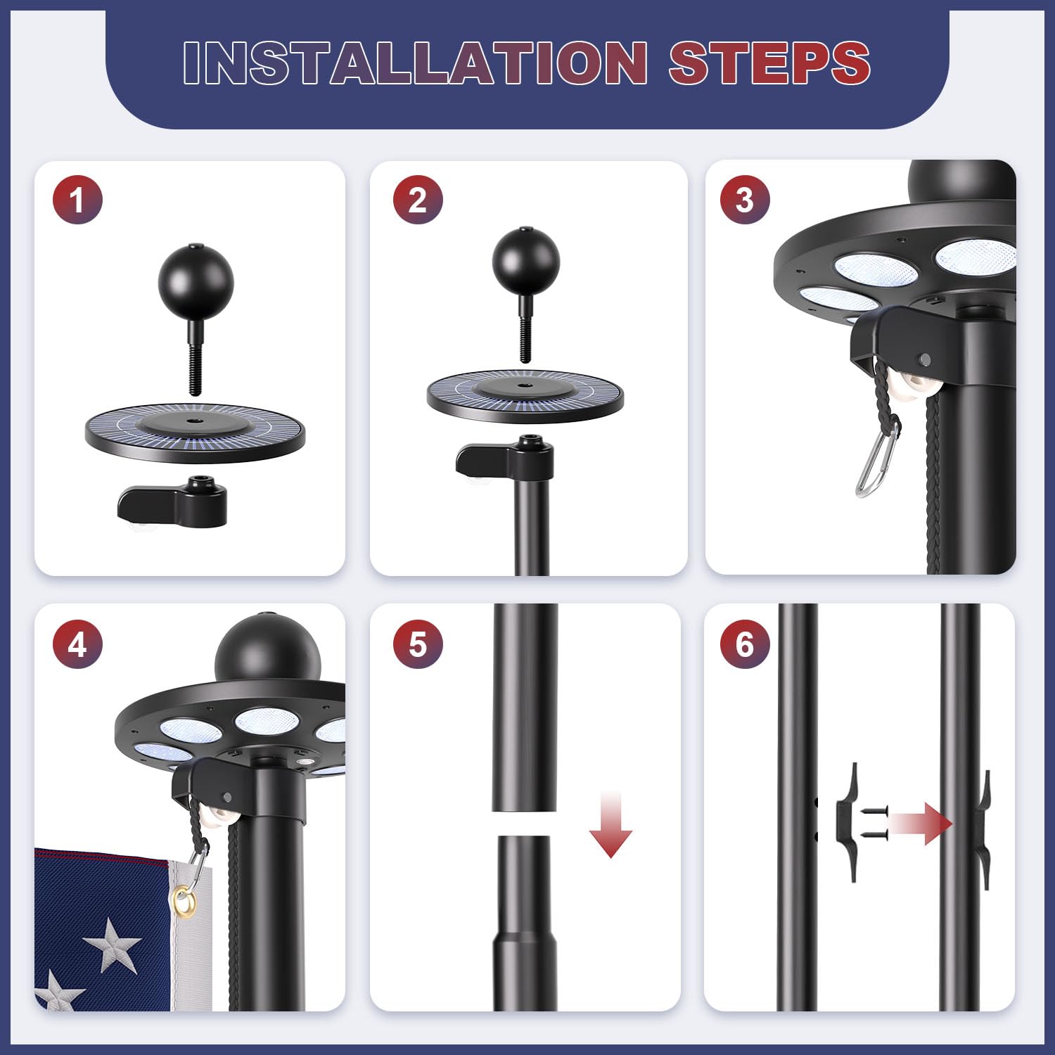 Kit de mástil de bandera resistente de calibre 11 con luz solar ultra brillante de 136 LED, mástil de bandera de 2.3 mm de grosor de 20 pies para casa exterior en el suelo, bandera de Estados