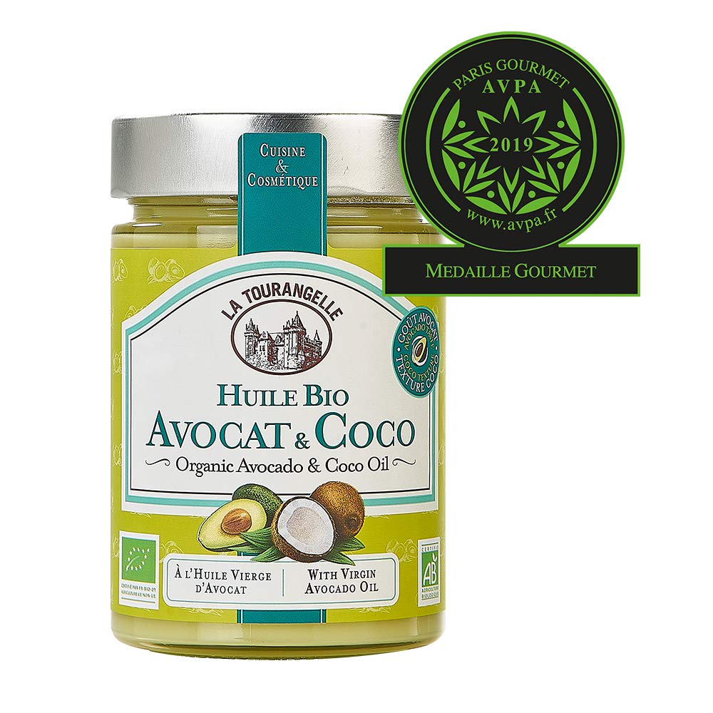 La Tourangelle - Huile bio avocat et coco - Mélange d'huile vierge d'avocat et de noix de coco - Huile cosmétique pour peaux et cheveux - 314ml