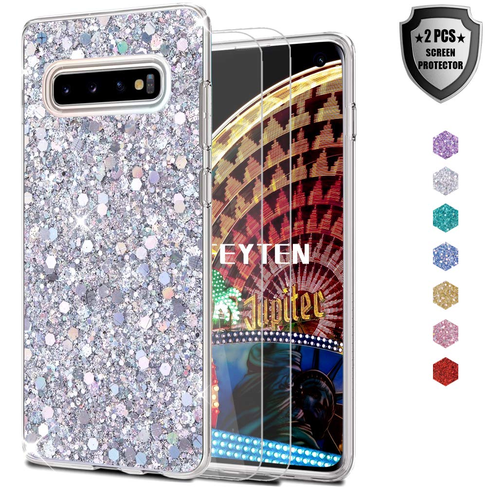 Feyten Galaxy S10 Case with HD Screen Protector [2 pack], Bling Shiny Sparkle Glitter Design Soft TPU Silicone Cover for Samsung Galaxy S10 (Silver)