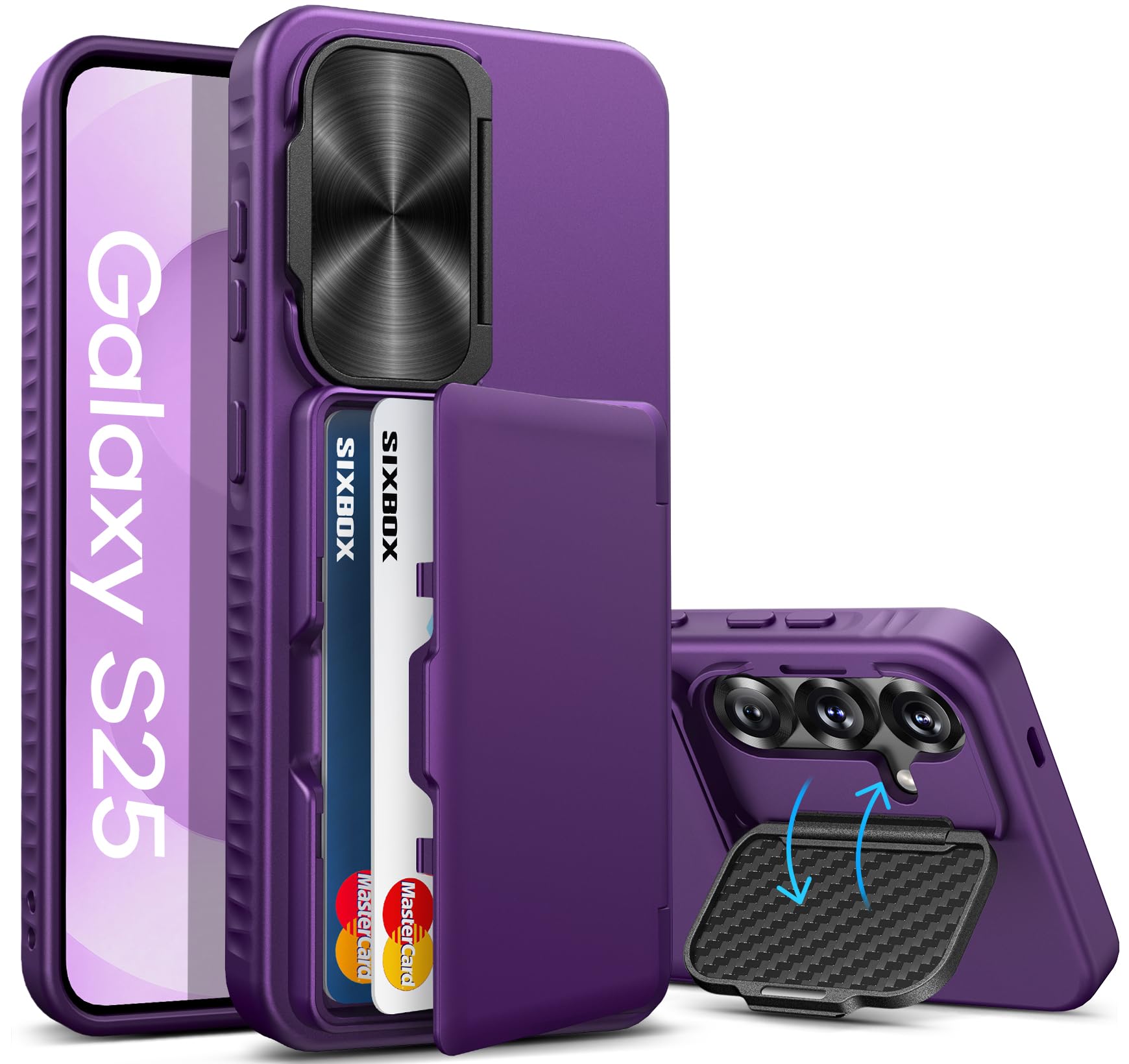 SIXBOX for Samsung Galaxy S25 Case, Built-in Card Holder & Stand & Camera Lens Cover, Military Grade Drop Tested Soft Silicone Edge Rugged Protective Wallet Phone Case for Galaxy S25 6.2" 2025, Purple