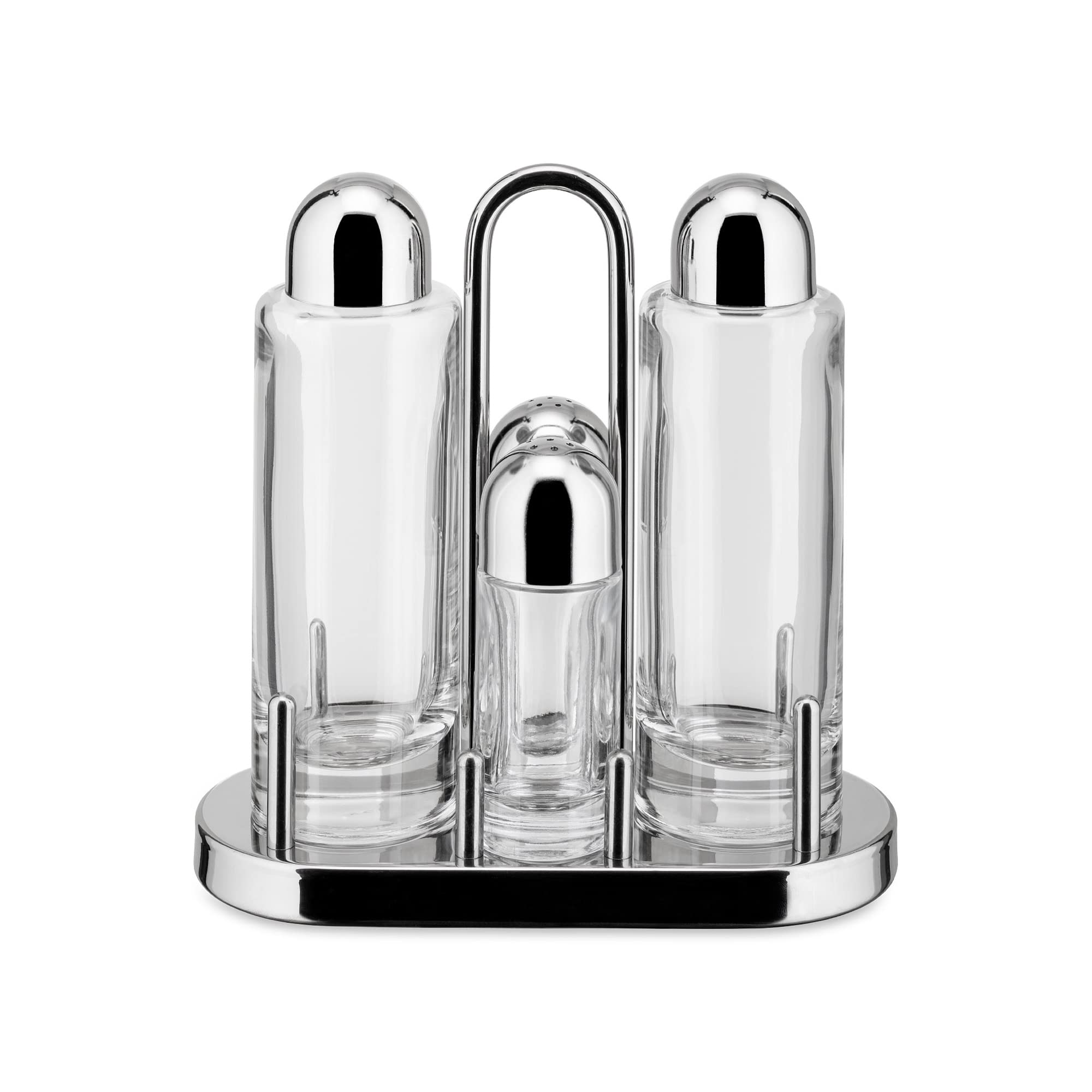 Alessi | 5070 - Ensemble de Porte-condiments Design pour Huile, Vinaigre, Sel et Poivre en Acier Inoxydable 18/10 et Verre Crist