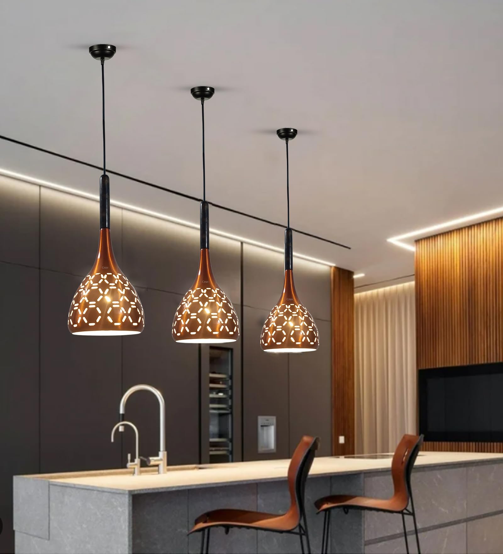 Cruv Lamps Copper Aluminum Domb Shape Ceiling Hanging Pendant Light for Home Decorations, Drawing Room, Living Room, Kitchen Island, Cafe Counter (Pack of 3)-image-21