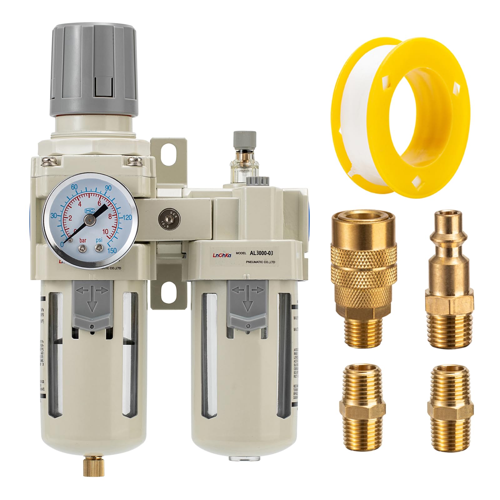 Régulateur De Pression D'air Avec Manomètre - Ports 1/4" NPT, Pour Compresseur, Atelier, Air Comprimé