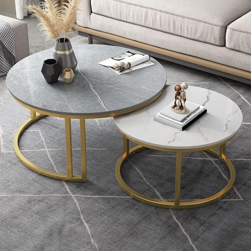 CraftThink Coffee Table Set, Contemporary Round Nesting Table Side Table End Table Stone Frame Without Drawers for Living Room, 31.5"L x 31.5"W x 18"H + 23.5"L x 23.5"W x 15"H (Grey White & Gold）