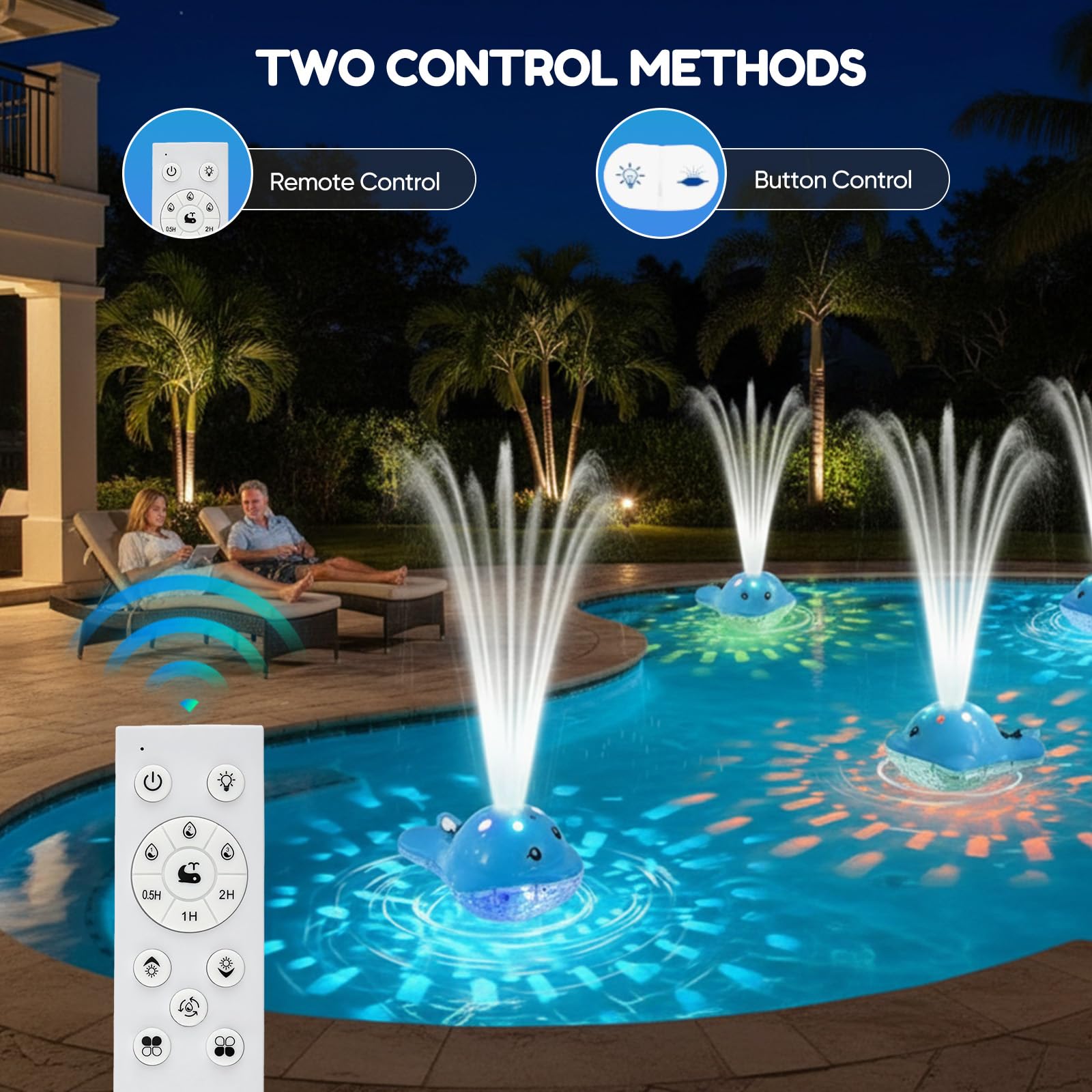 Fontaine Flottante pour Piscine avec Télécommande - Lampe de Piscine Rechargeable en Forme de Dauphin, IP68 Étanche, 12 Modes d'Éclairage et 3 Modes de Fontaine, Décoration pour Piscines, Bassin