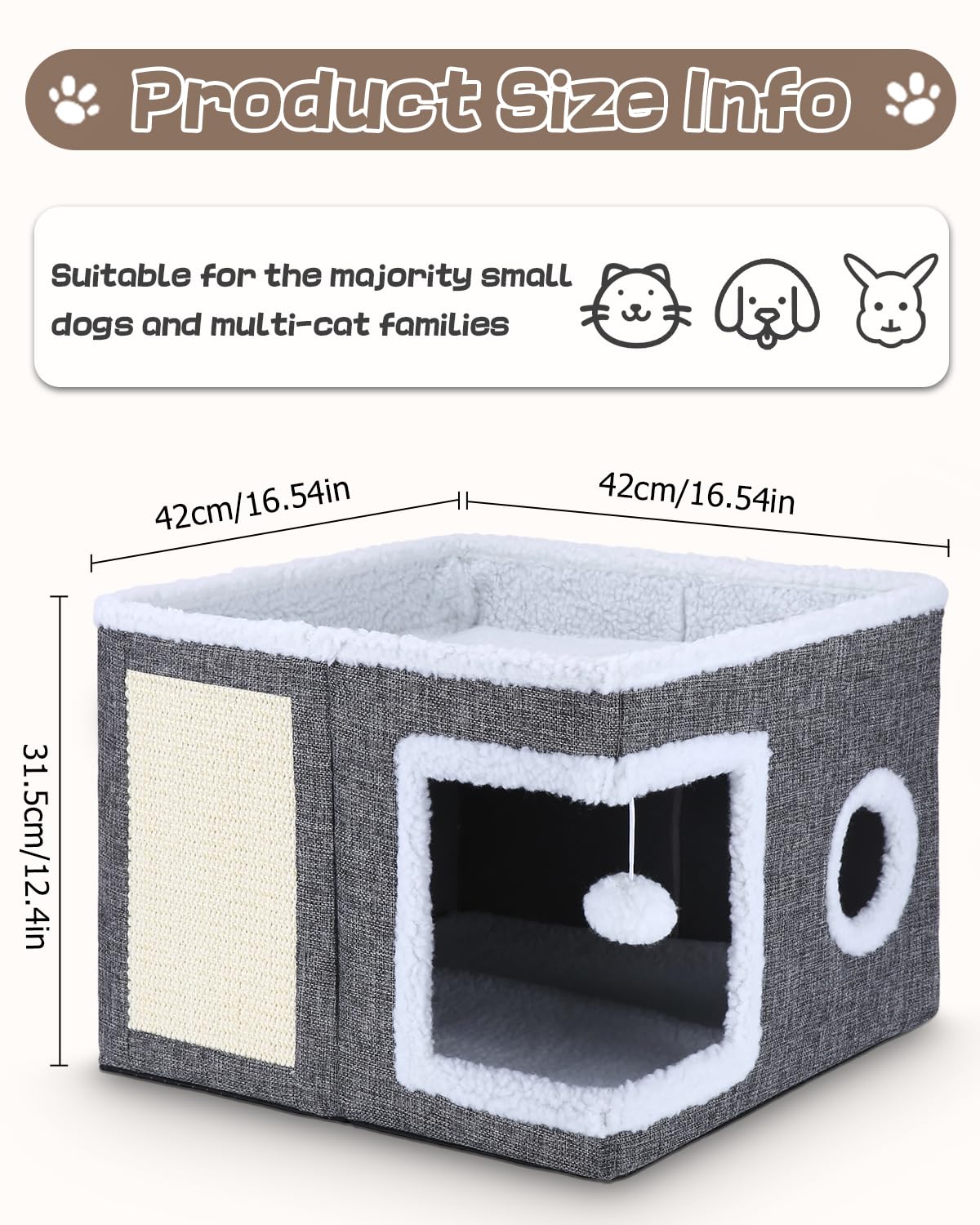 Cuccia per gatti per interni, pieghevole, cuccia per gatti, lavabile, con una palla giocattolo appesa, un tagliere per gatti, adatto per animali domestici di piccole e medie dimensioni, 41 x 41 x 32