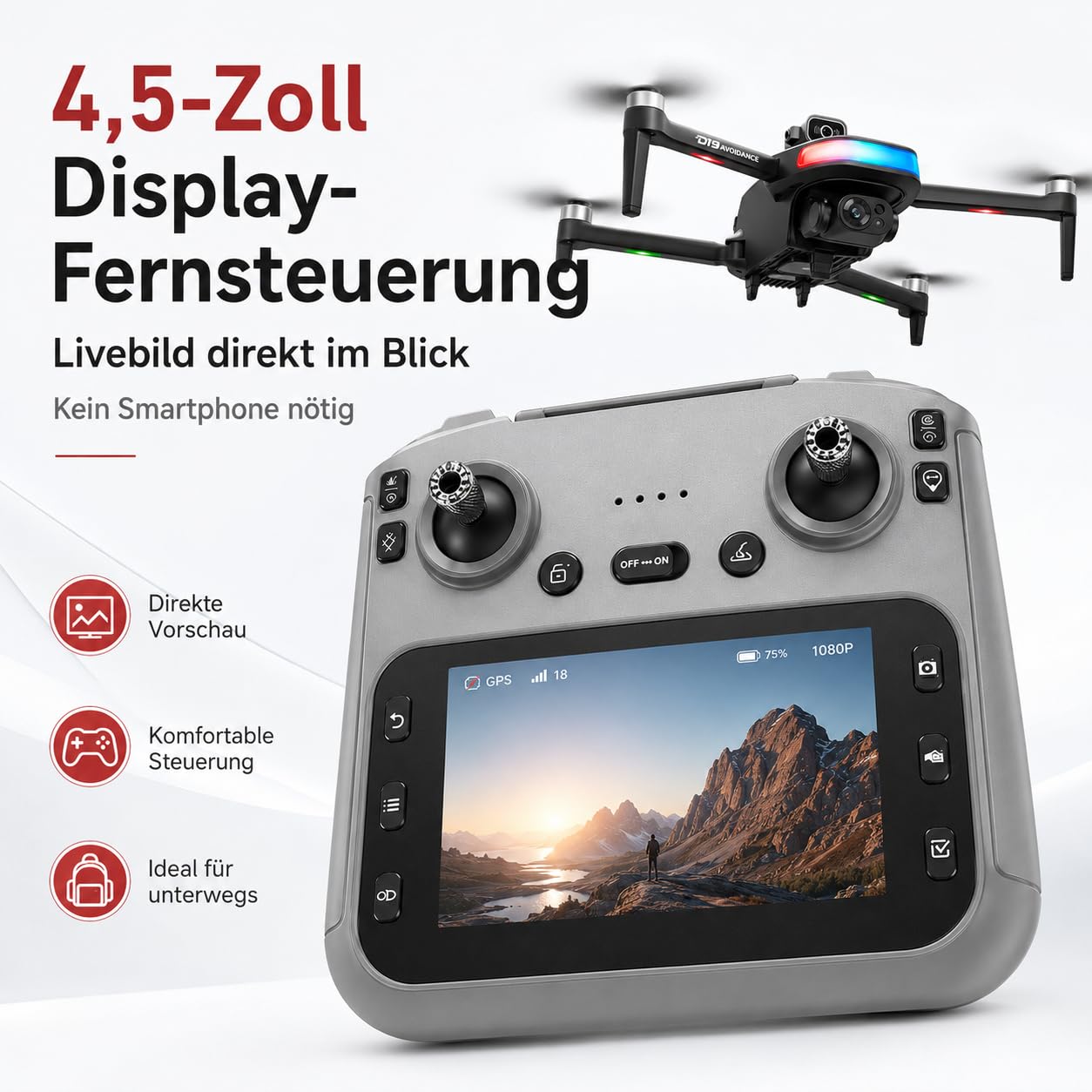Faltbare GPS Drohne mit Kamera 1080P HD, Dual-Kamera, 4,5'' Bildschirm Fernsteuerung, bürstenlose Motoren, 2 Akkus (40 Min), Follow Me, 360° Orbit, Waypoint, Optical Flow, Hinderniserkennung