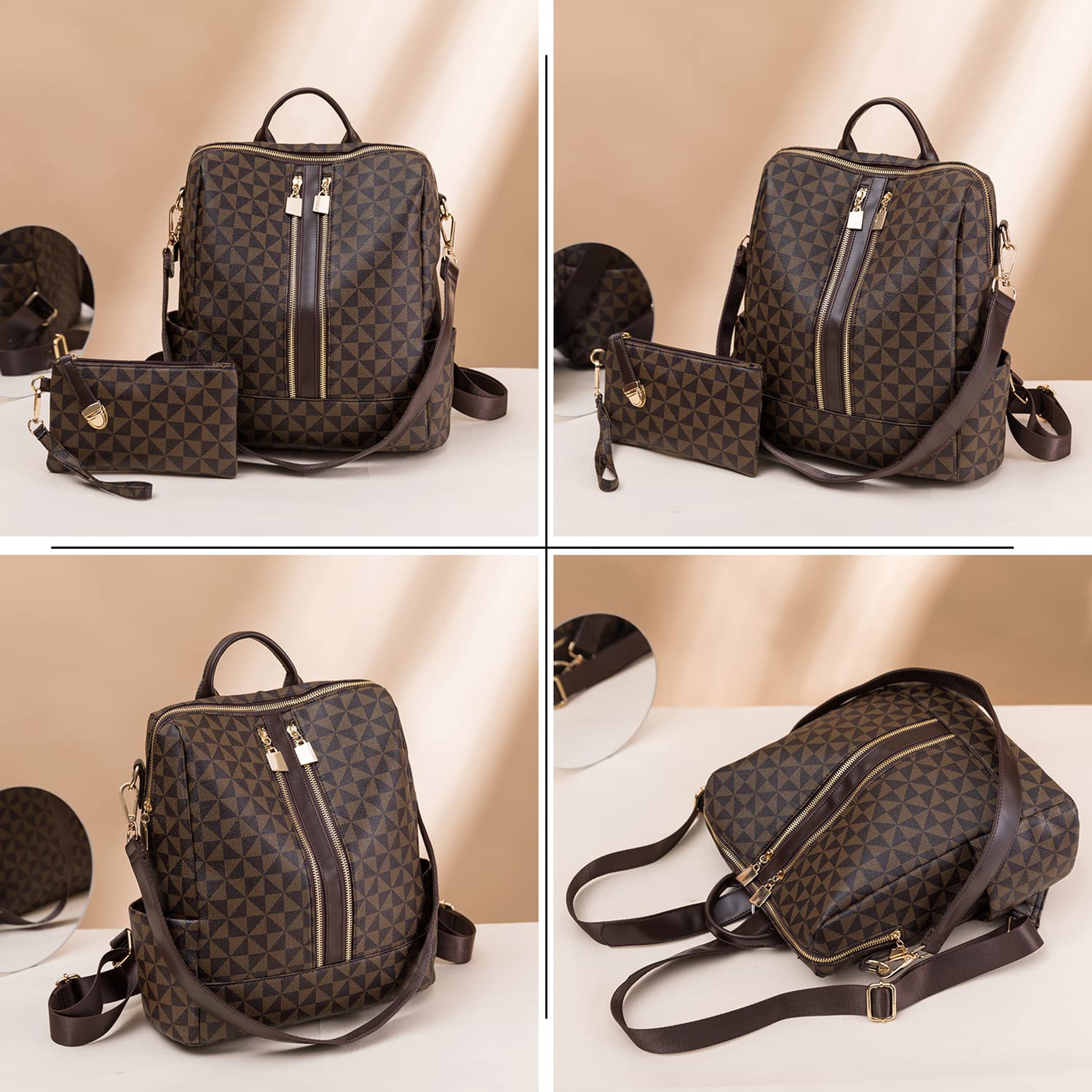Sac à Dos PU Cuir Feminin Fille avec Portefeuille, Porté Dos Sac à Bandoulière Élégante Motif Losange à la Mode, Sac d'école Léger Multipocket Grande Capacité, Chic Sac pour Bureaux L'école et Voyage