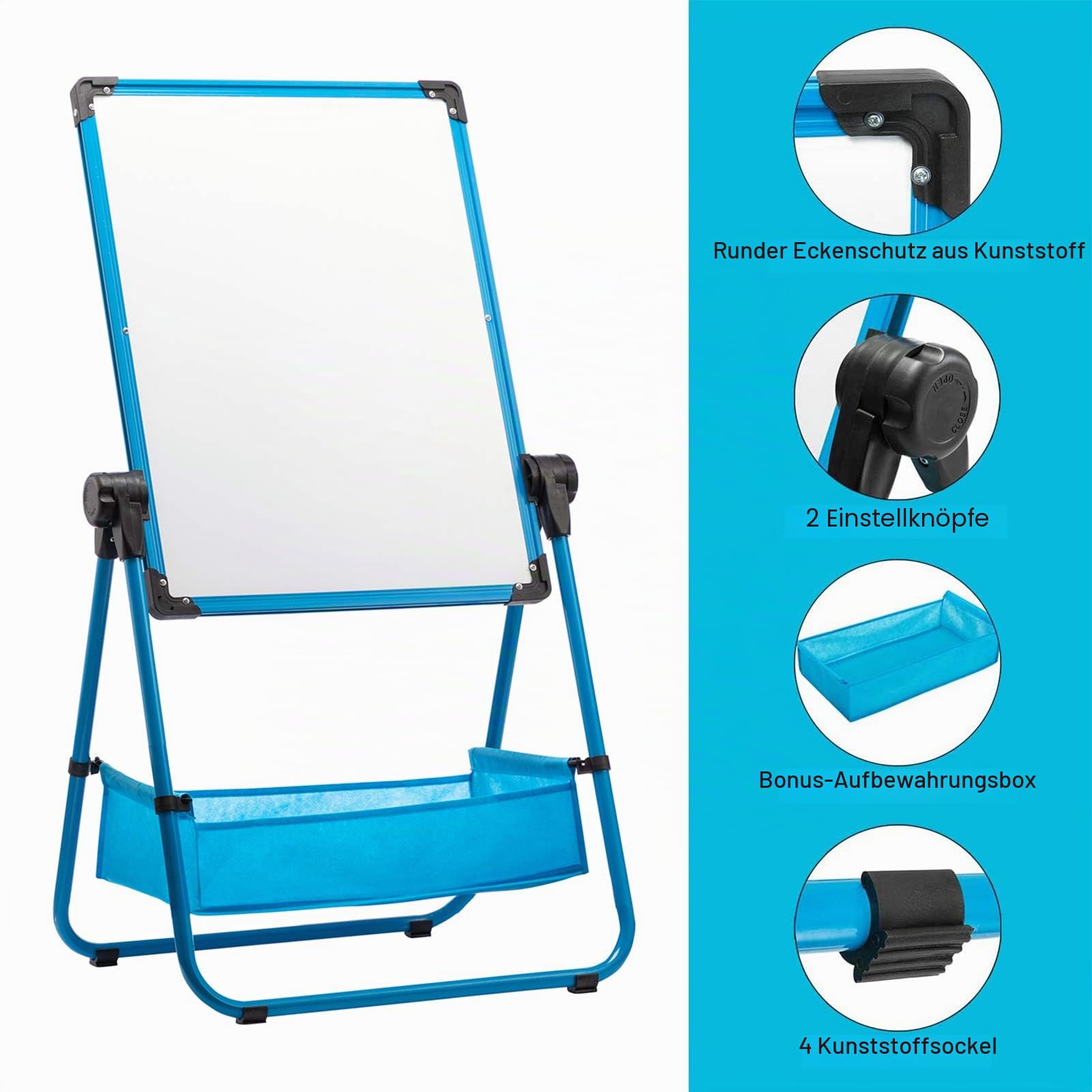 DOEWORKS Kinder Staffelei Magnetische Whiteboard U-Ständer, Doppelseitiges Whiteboard & Kreidetafel Schreibbrett mit Zubehör, Kinder Tafel Höhenverstellbar & 360°Rotation, Blau