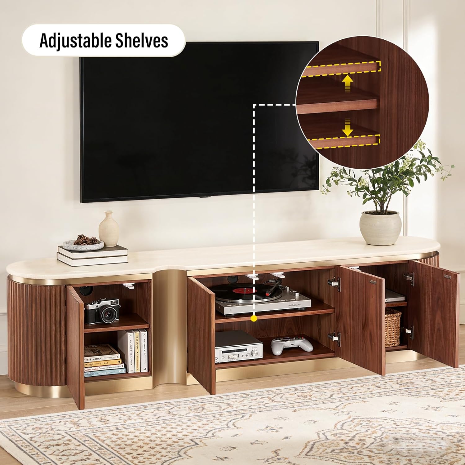 79" Fluted TV Stand with Storage for Living Room,Luxury Modern Entertainment Center Fits TVs up to 90",Curved TV Media Console Table with Cabinet & Doors,Artificial Stone Top,Fully Assembled,White