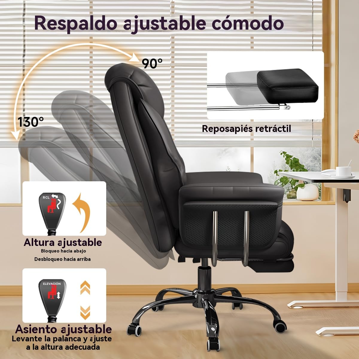 Silla de Oficina Grande Y Alta (250 kg), Silla Ejecutiva Extra Ancha en Cuero Sintético con Reposapiés Retráctil, Ergonómica, Resistente Y de Altura Ajustable para Ordenador.