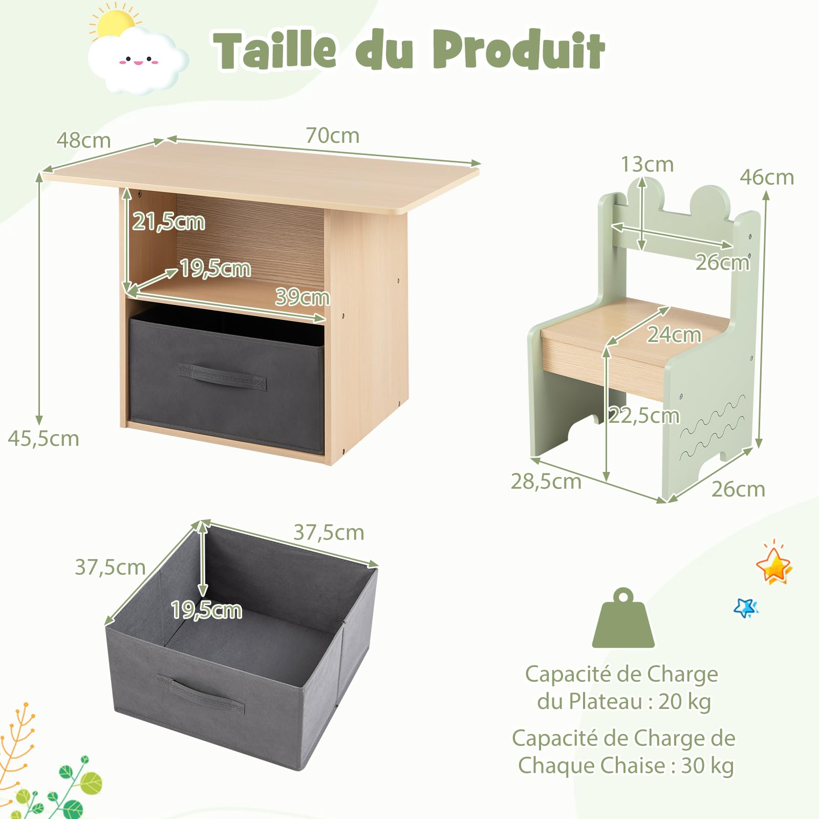 COSTWAY Table Enfant avec 2 Chaises en Bois, Bureau pour Dessiner Jouer, Charge 20/30kg, 3 Ans+