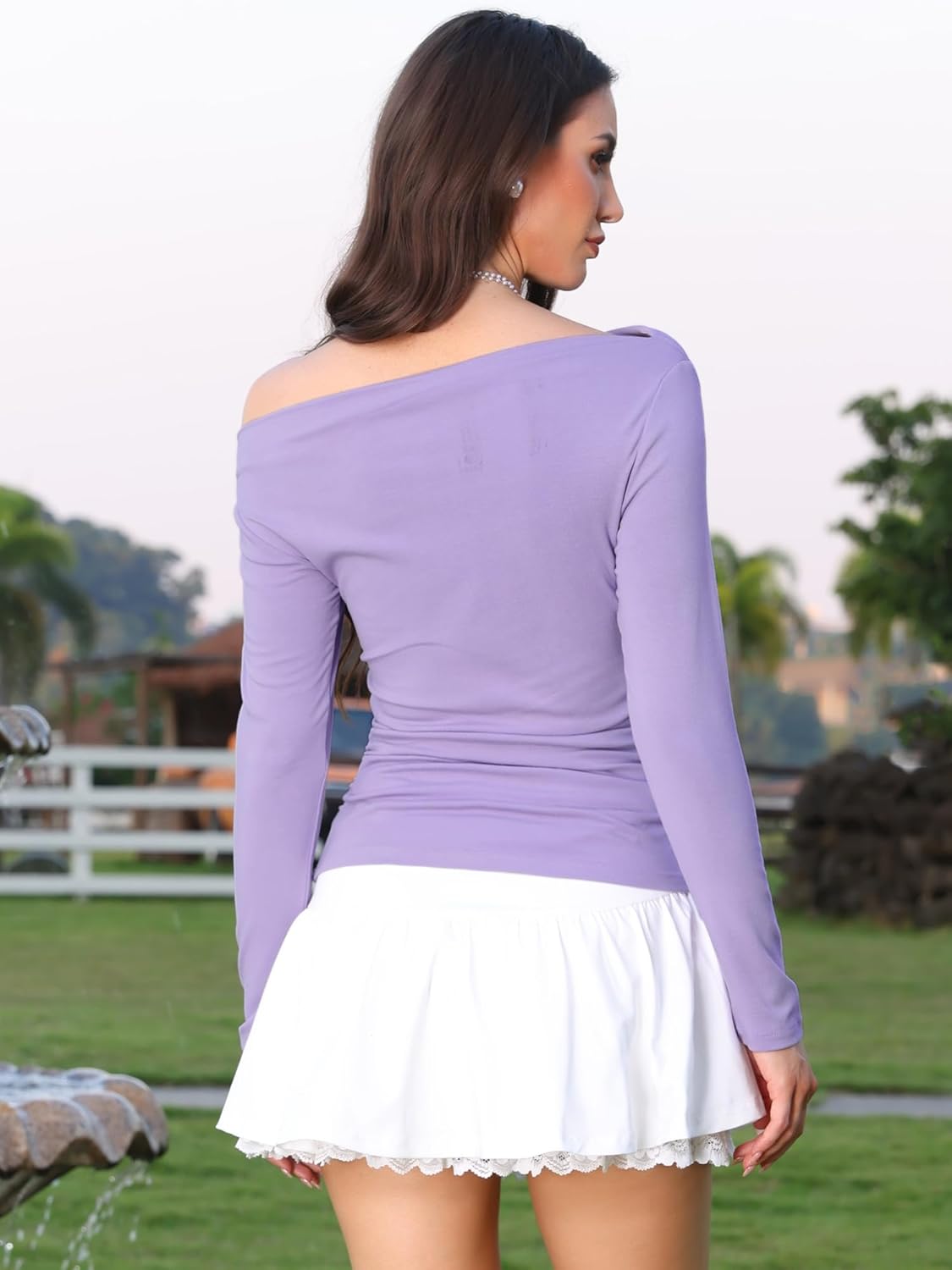 Allegra K Off The Shoulder Tops for Women Long Sleeve Boat Neck Ruched Going Out Shirts Slim Fit Tee Blouses - Image 2