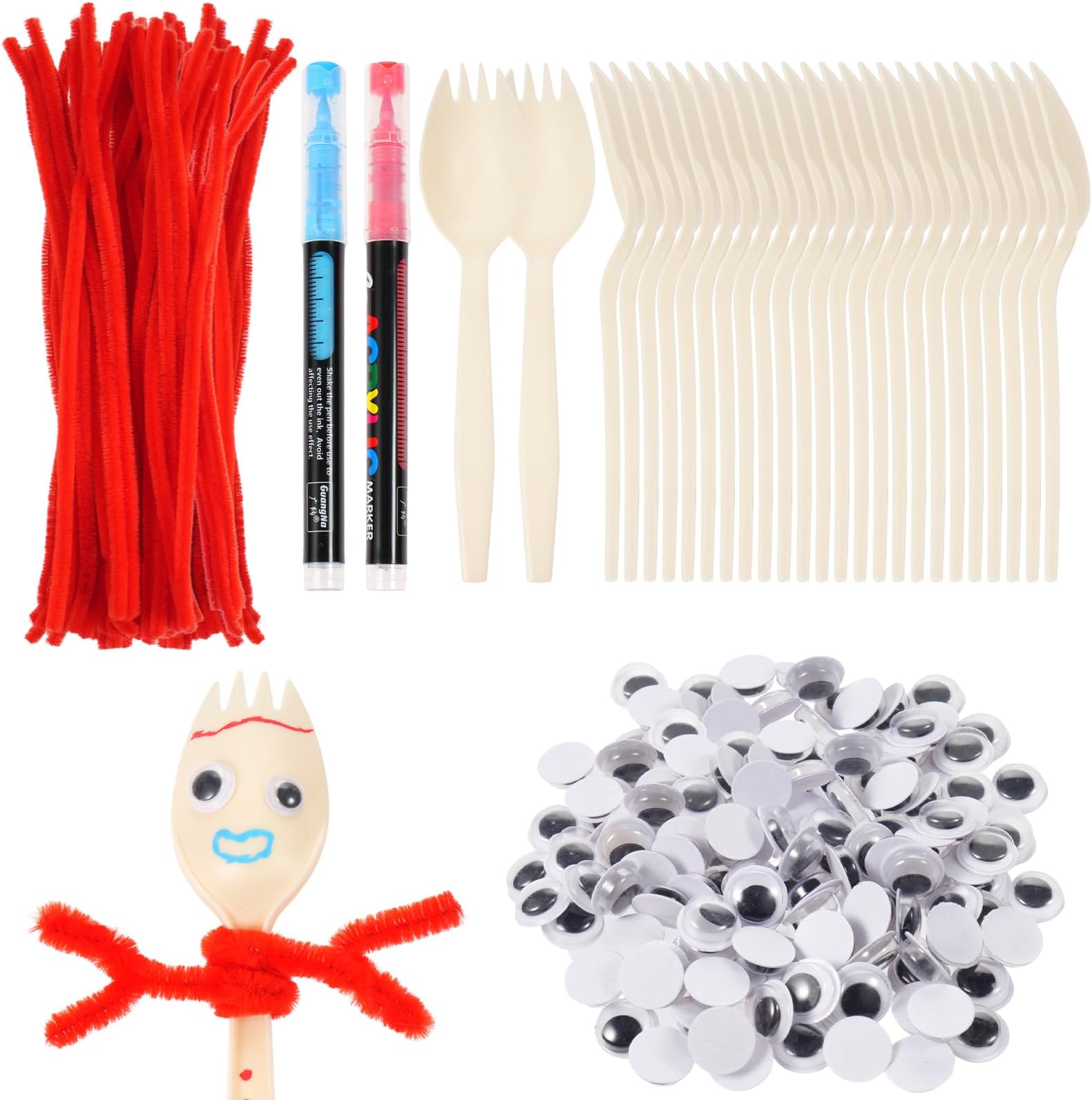 100 Sets Fork Craft Kit Disposable Creativity Sporks Fork Creativity Set Include Sporks Red Pipe Cleaners Self Adhesive Wiggle Googly Eyes and Marker Pens,Make Your Own Craft Kit