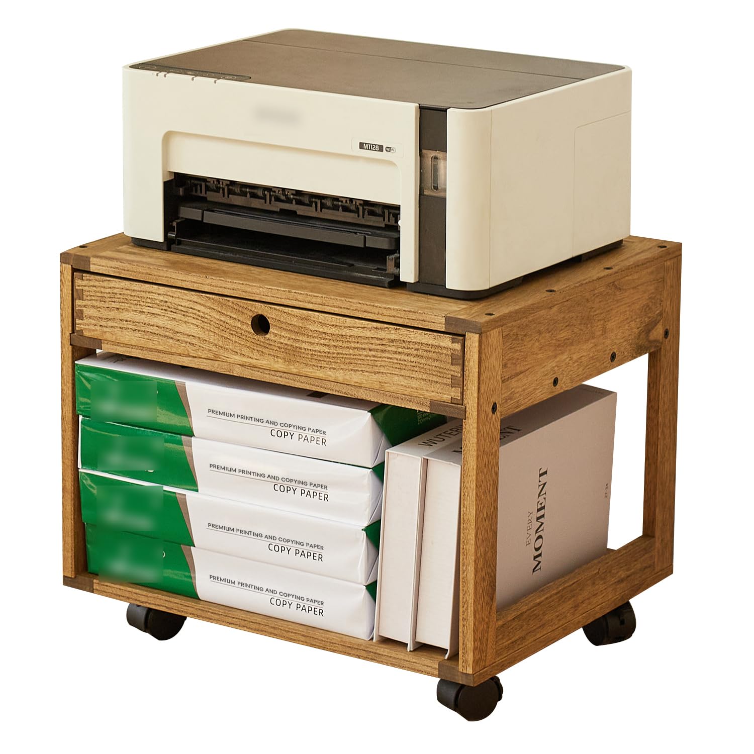 KIRIGRN Estantería Para Impresora De Madera De Paulownia Con Ruedas, Base De Impresora Con Cajón Y Compartimento, Soporte Móvil Con Espacio De Almacenamiento