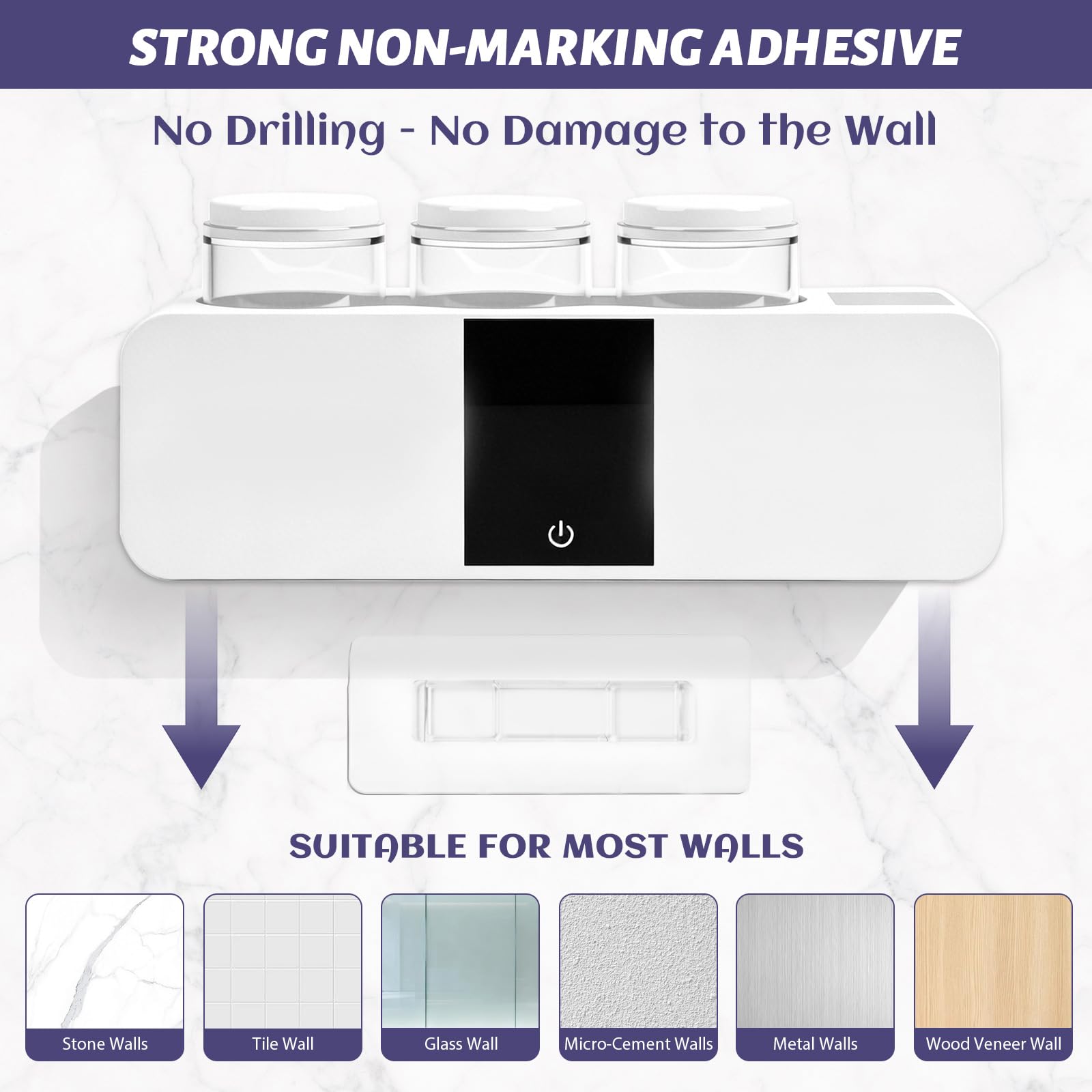 Sterilizzatore Portaspazzolino UV, Supporto per Spazzolini da Denti a Parete Porta Elettrico con Asciugatura e Disinfezione Portaspazzolino da Parete Senza Foratura con 6 slot e 3 tazze，Bianco