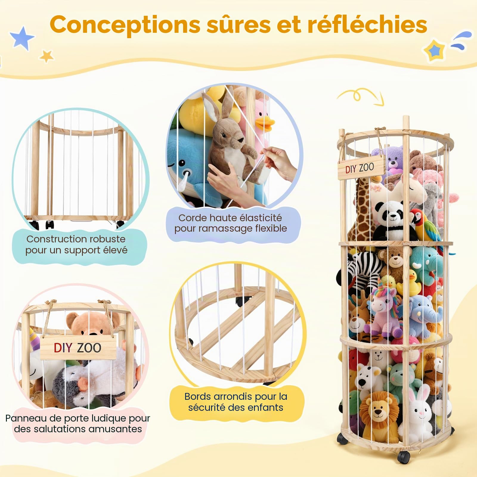 Rangement pour peluches, avec frein à 360°, roues équipées de freins à 360°, 130 x 48,2 x 30 cm, pour chambre d'enfant, salle de jeux, salon, etc. (rond)
