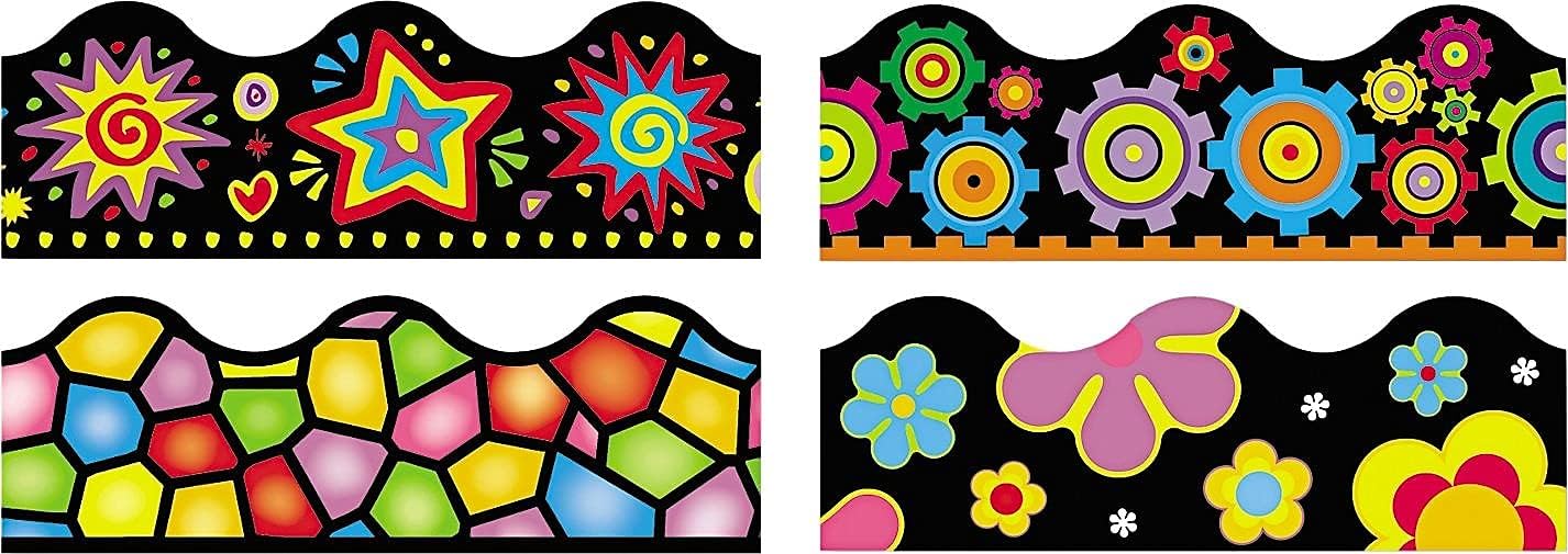 Trend Enterprises TREND Terrific Trimmers Border Variety Set, 2.25" X 39", Bright On Black, Assorted Colors/Designs, 48/Set
