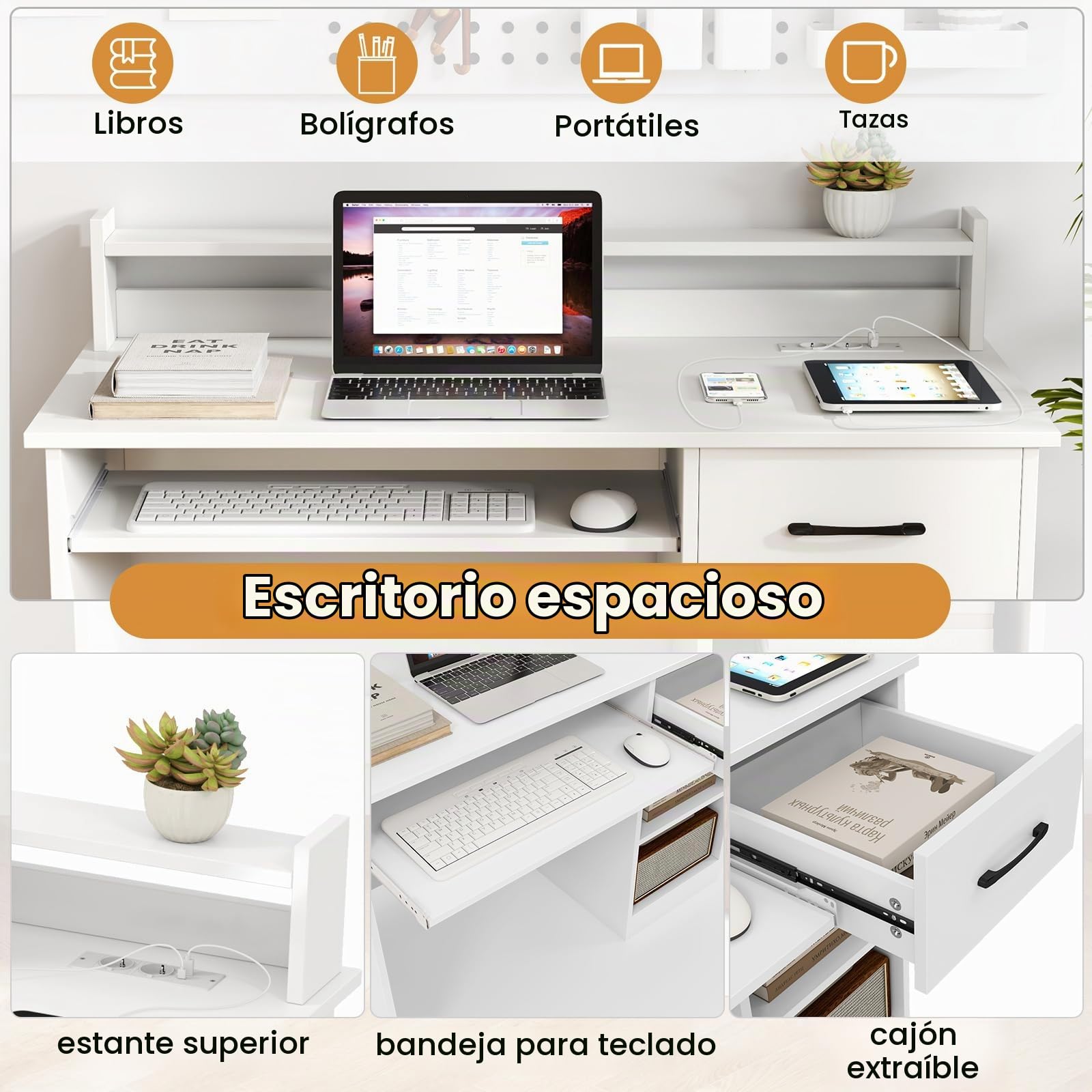 GYMAX Escritorio de Computadora con Estación de Carga, Escritorio de Estudio de 105 CM con Estantes y Cajón, Orificio para Gestión de Cables, Escritorio Moderno y Simple para Dormitorio, Blanco